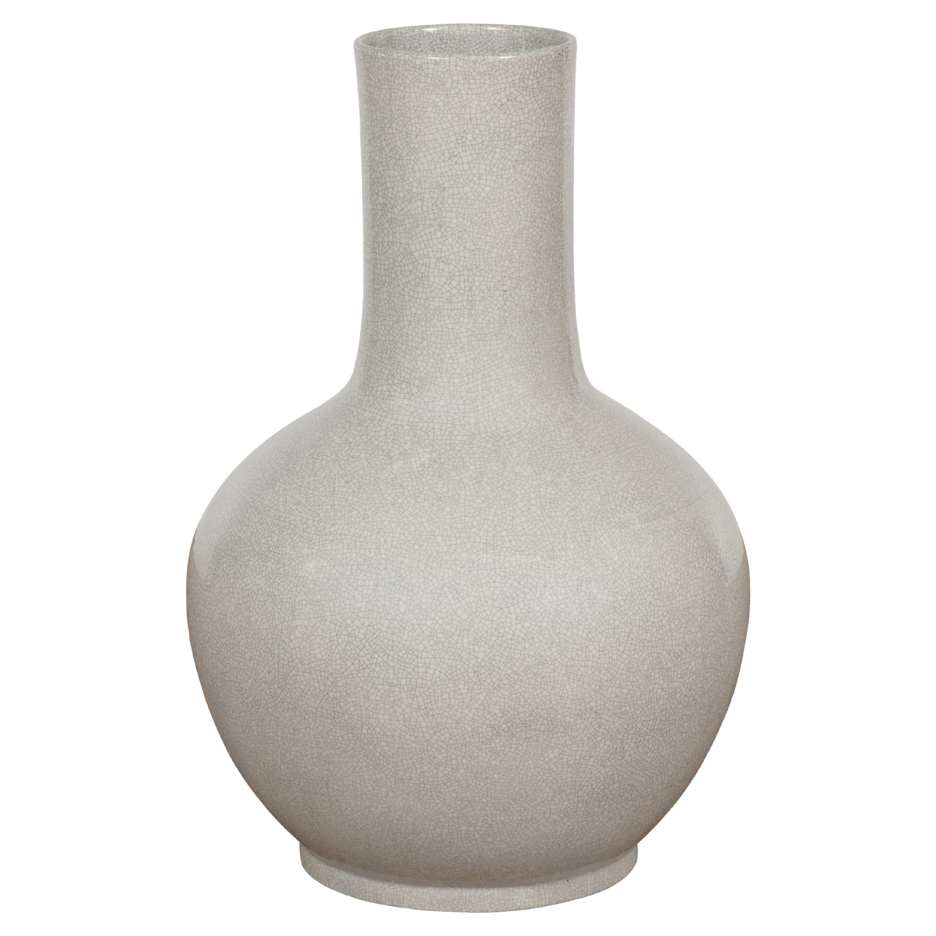 Chinese Vintage Kendi Shape Vase with Crackle Grey and White Finish For Sale