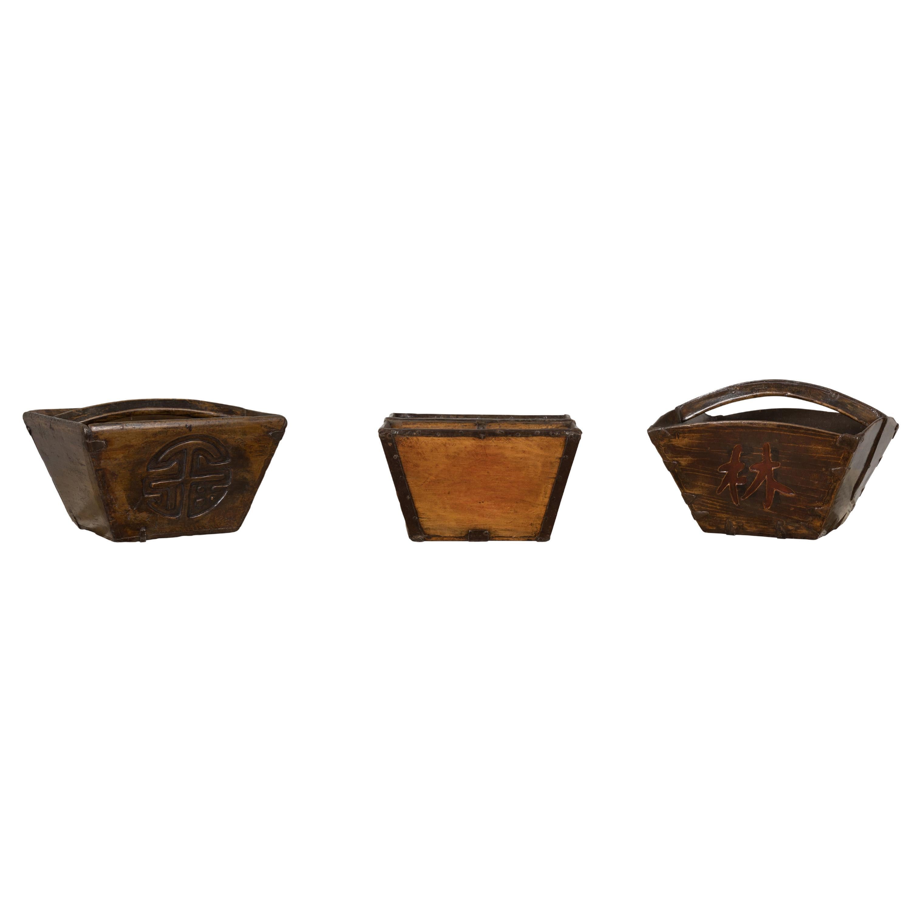 Chinese Wooden Vintage Rice Measure Baskets, Sold Each For Sale