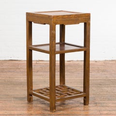 Vintage Honey Brown Side Table with Geometric Base Shelf