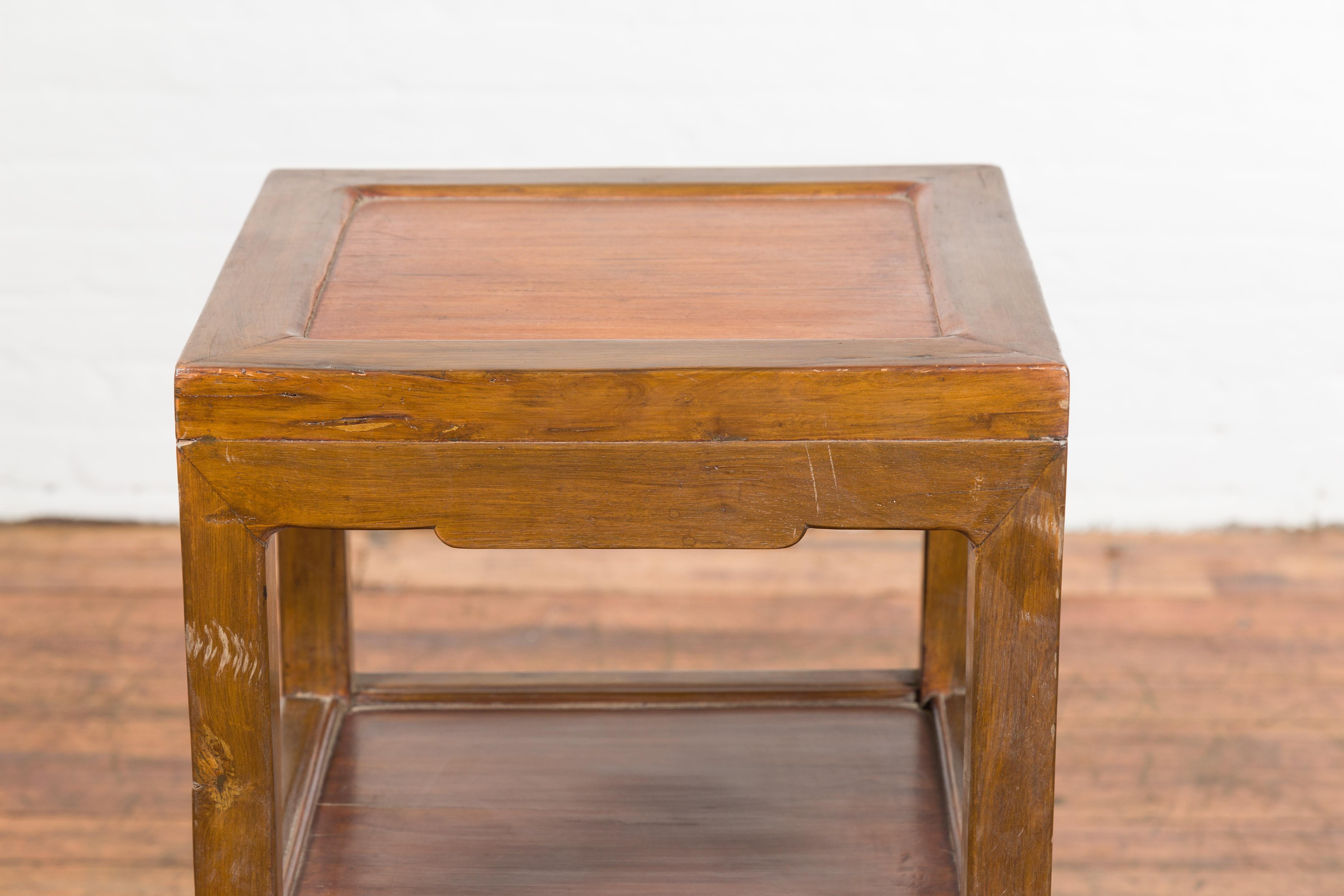Vintage Honey Brown Side Table with Geometric Base Shelf For Sale 1