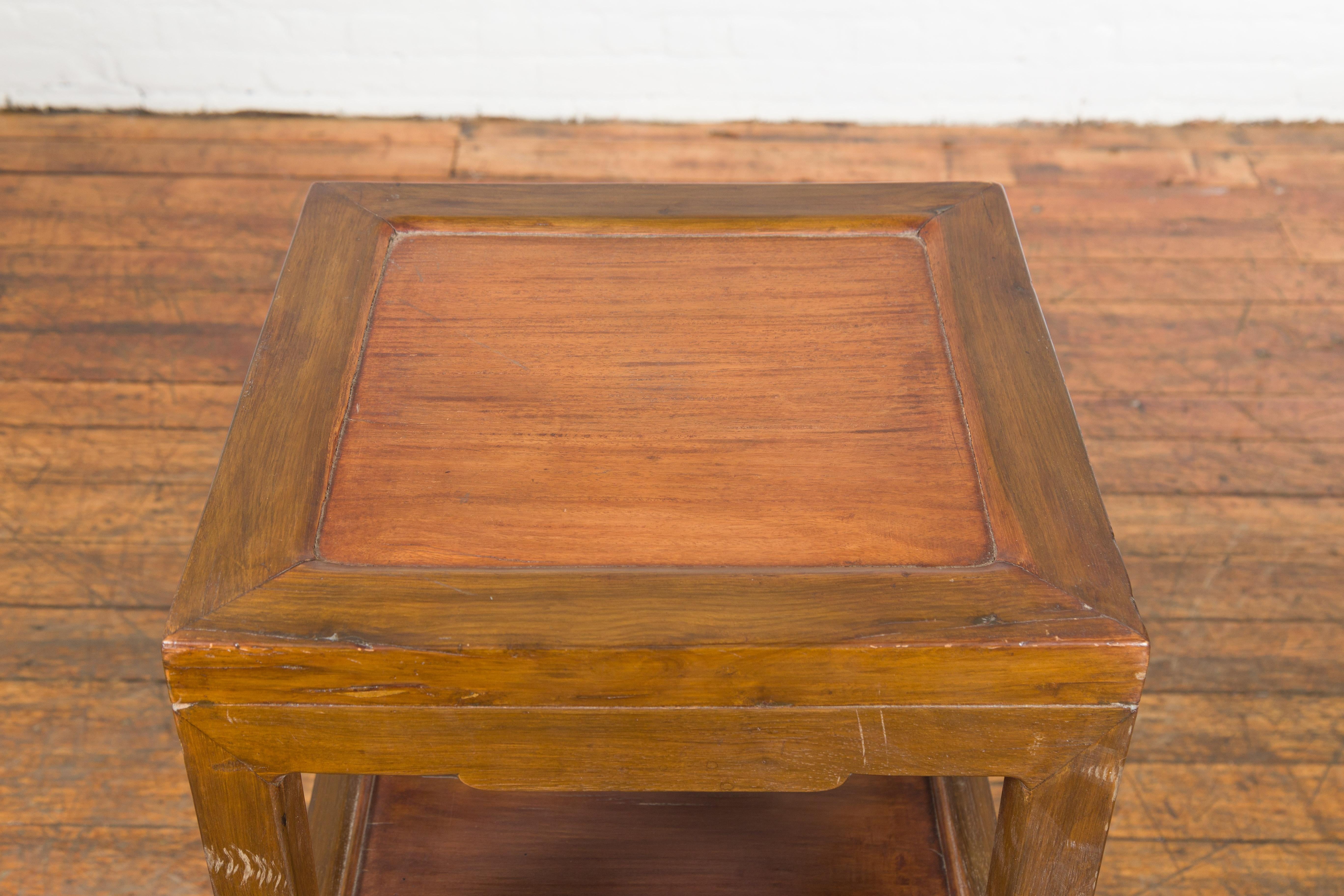 Vintage Honey Brown Side Table with Geometric Base Shelf For Sale 2