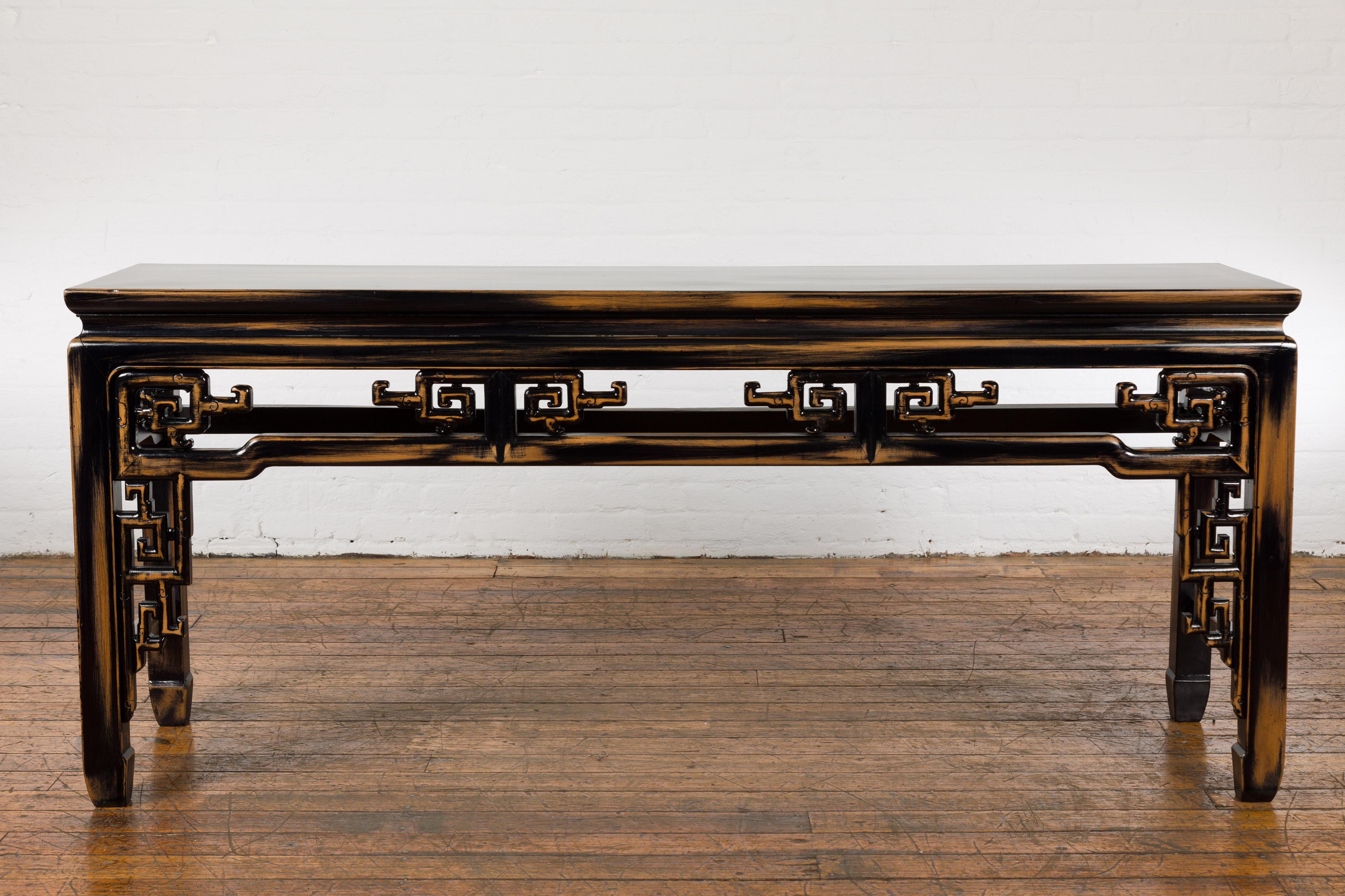 Chinese Vintage Black and Brown Low Console Table For Sale 6