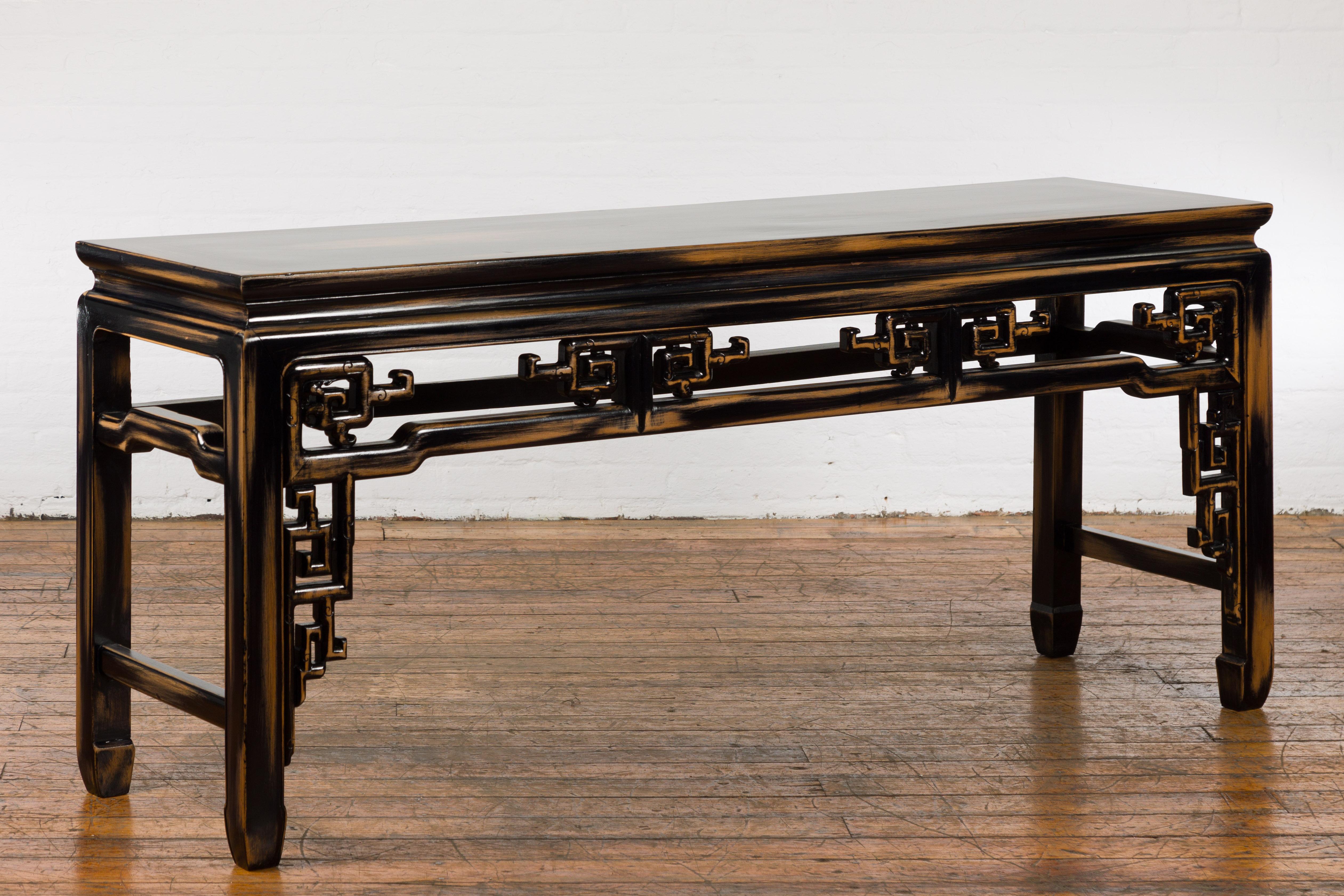 Chinese Vintage Black and Brown Low Console Table For Sale 7
