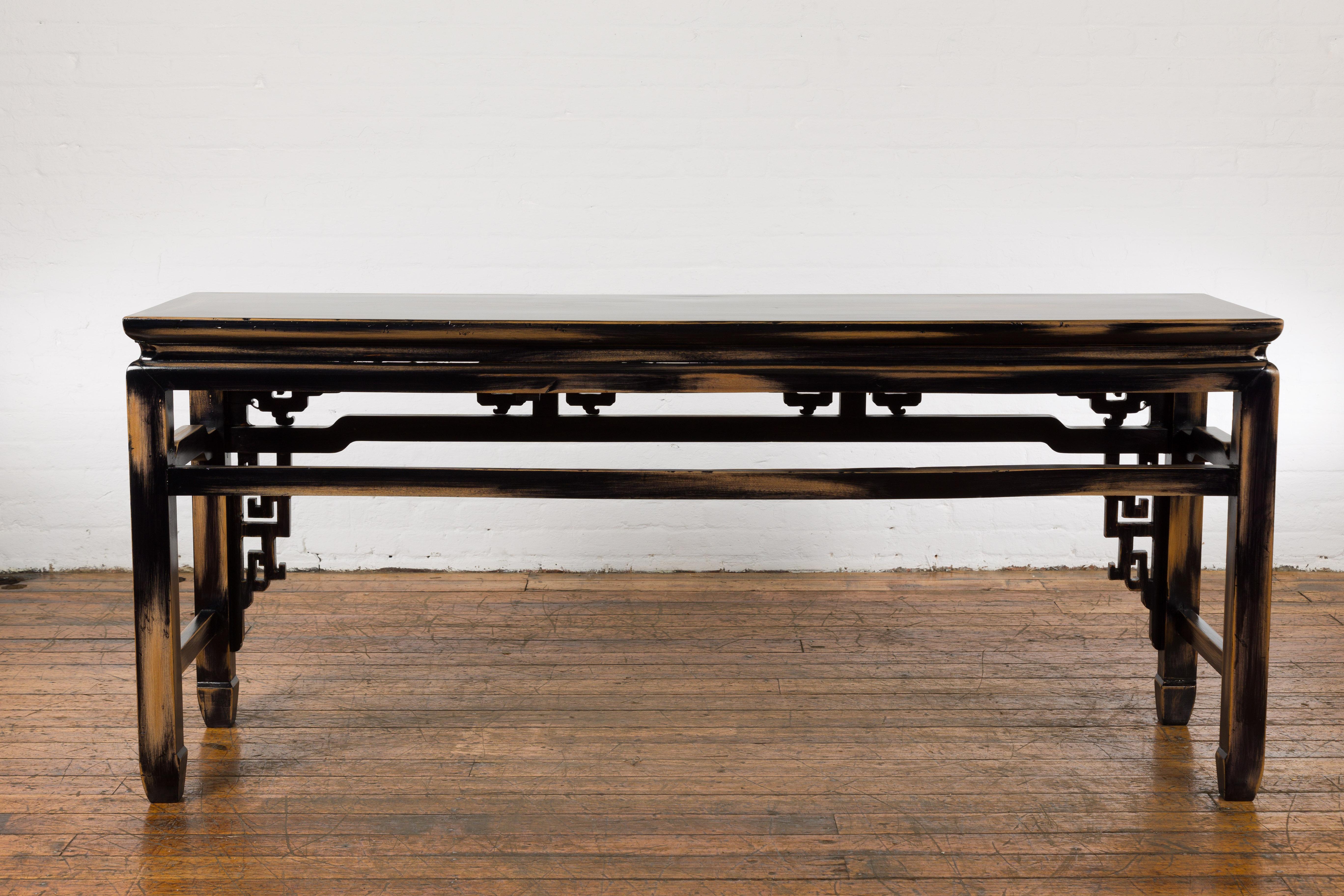 Chinese Vintage Black and Brown Low Console Table For Sale 12