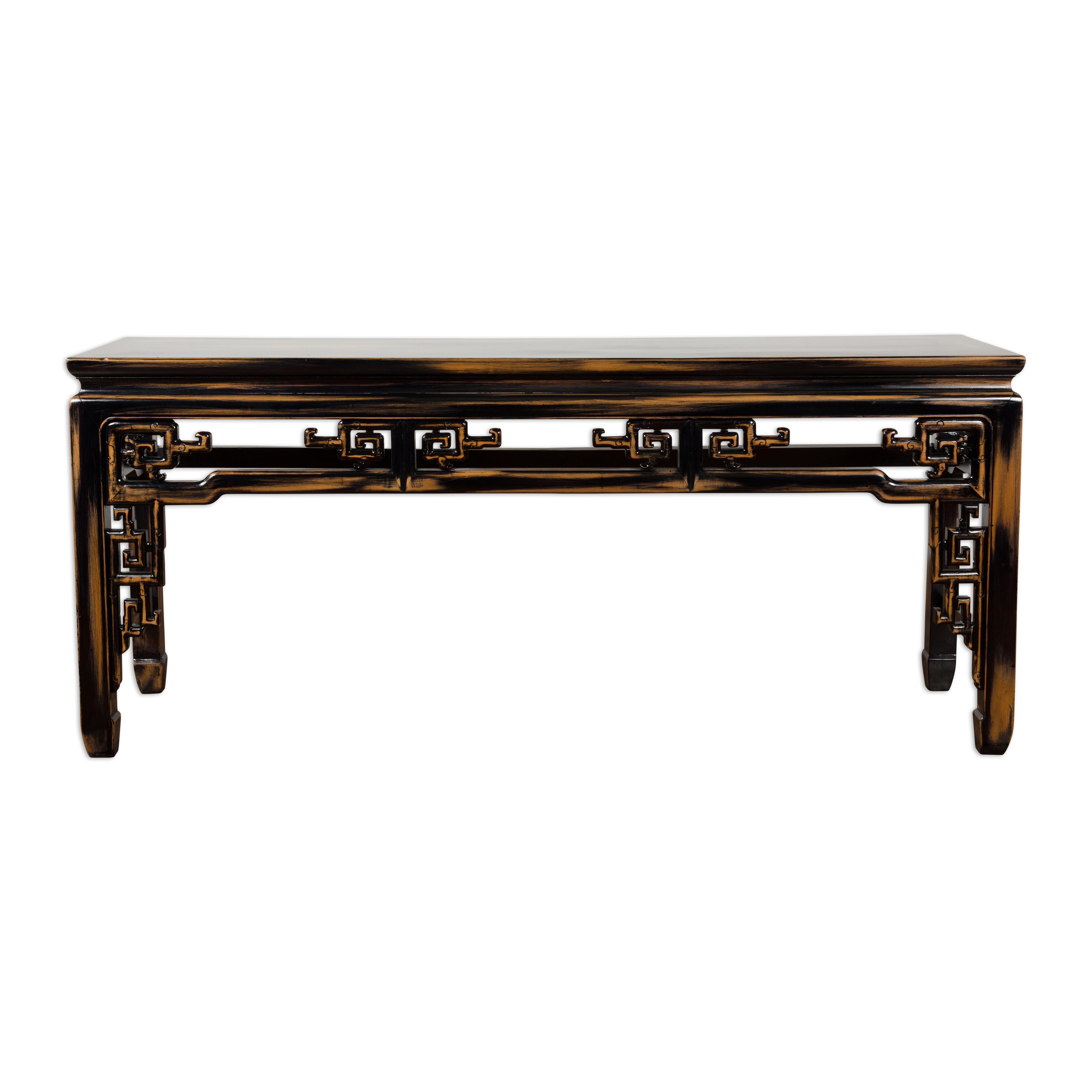Chinese Vintage Black and Brown Low Console Table For Sale 14
