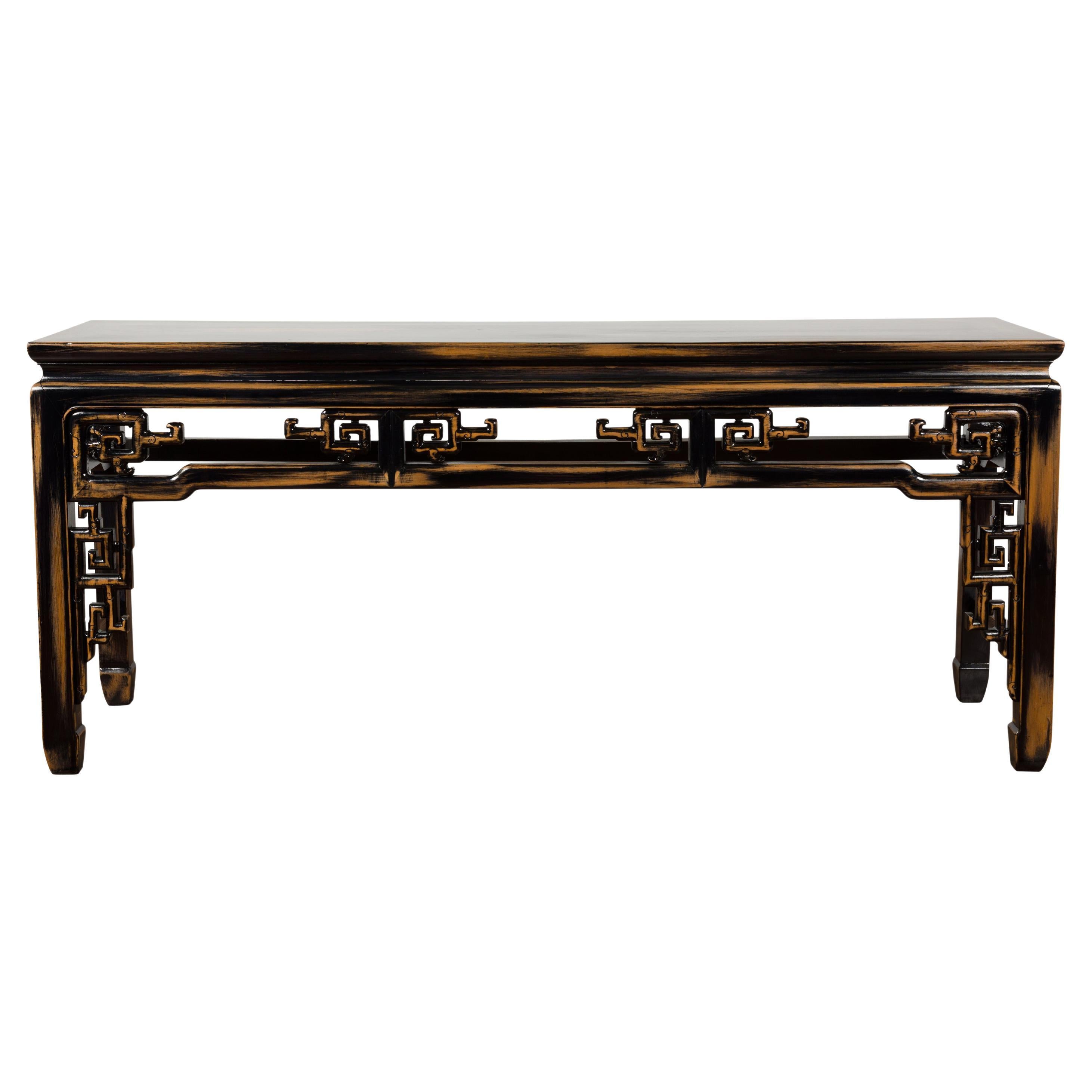 Chinese Vintage Black and Brown Low Console Table For Sale