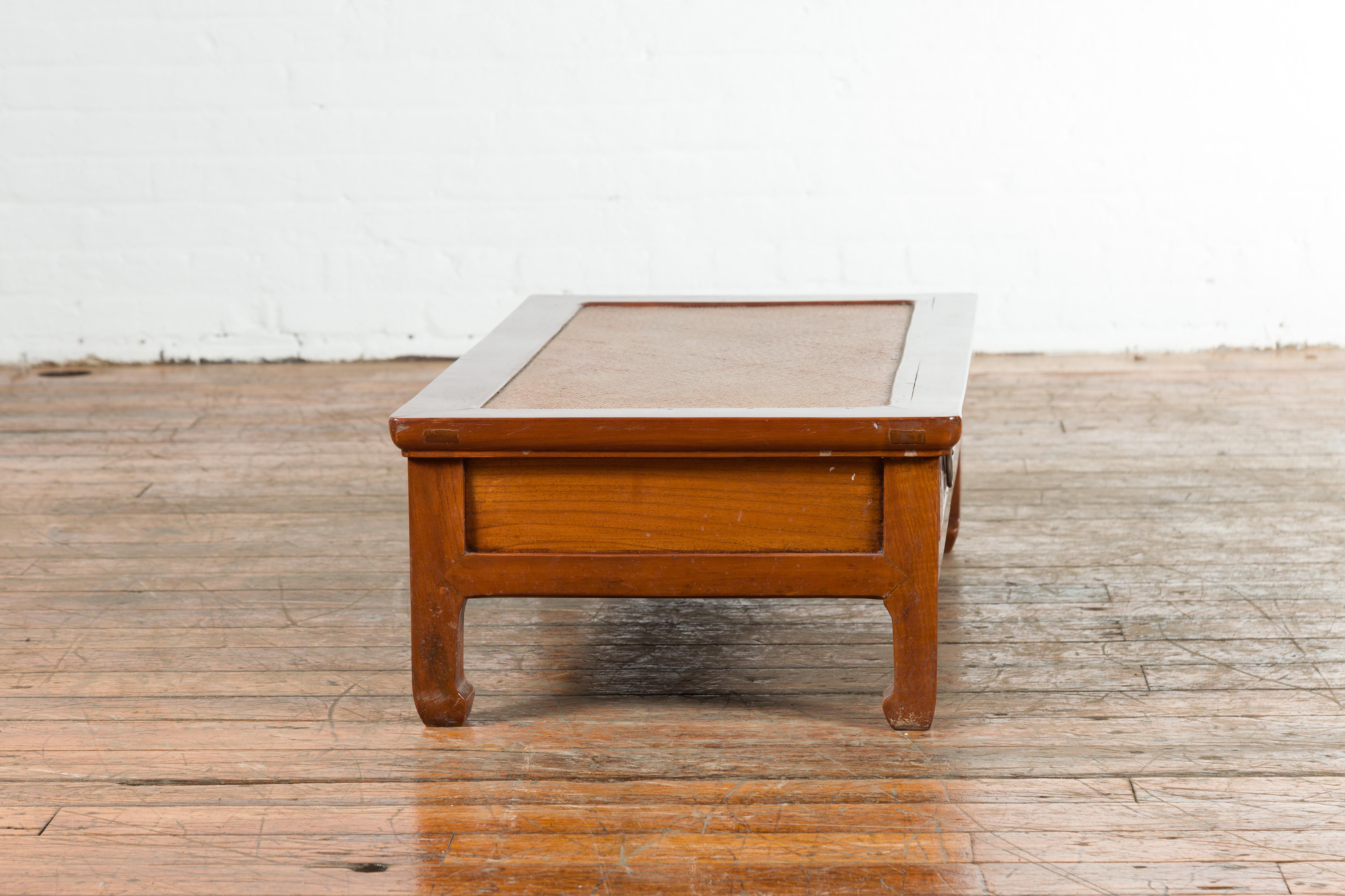 Chinese Vintage Low Elmwood Table with Rattan Inset Top and Two Drawers For Sale 9