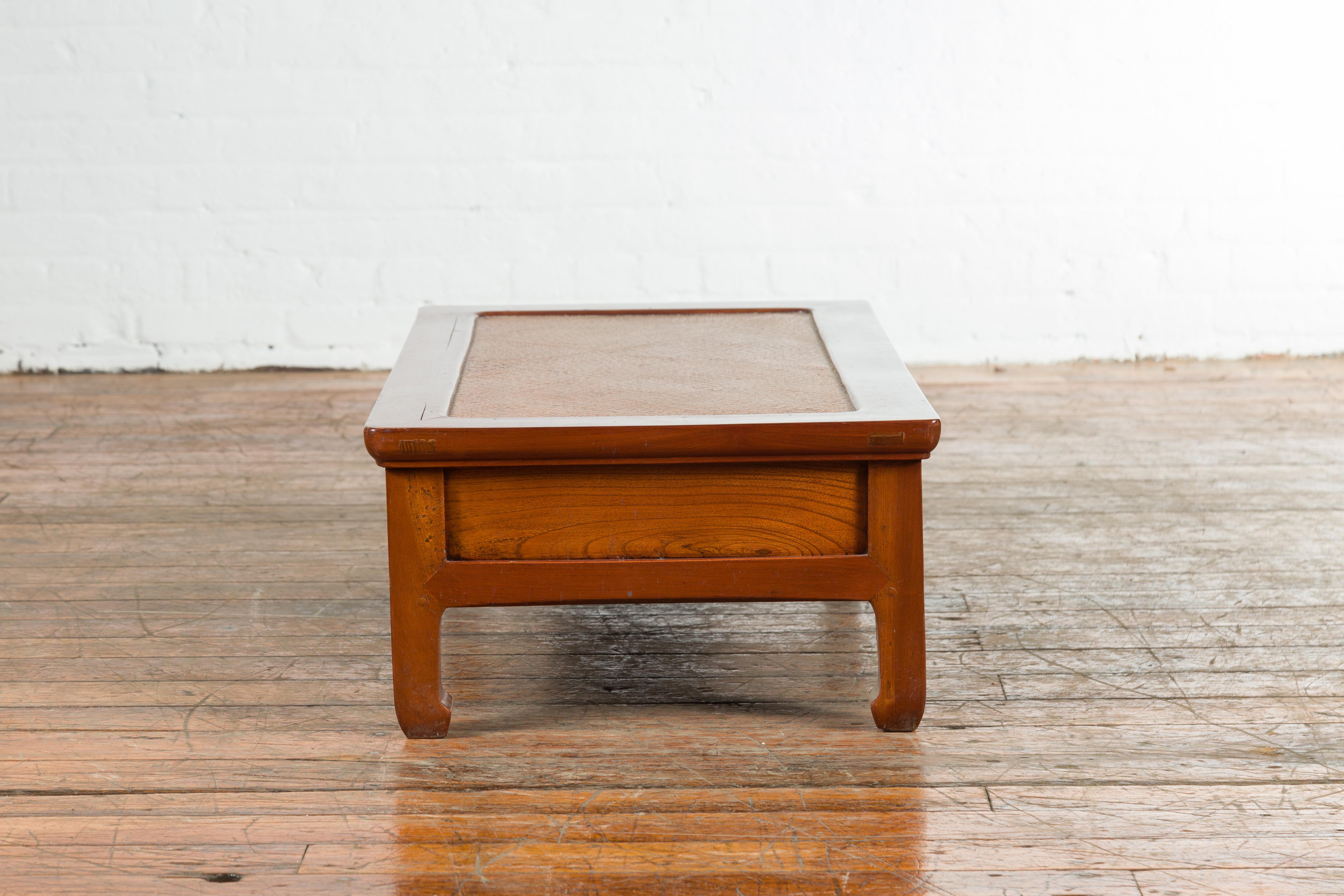 Chinese Vintage Low Elmwood Table with Rattan Inset Top and Two Drawers For Sale 11