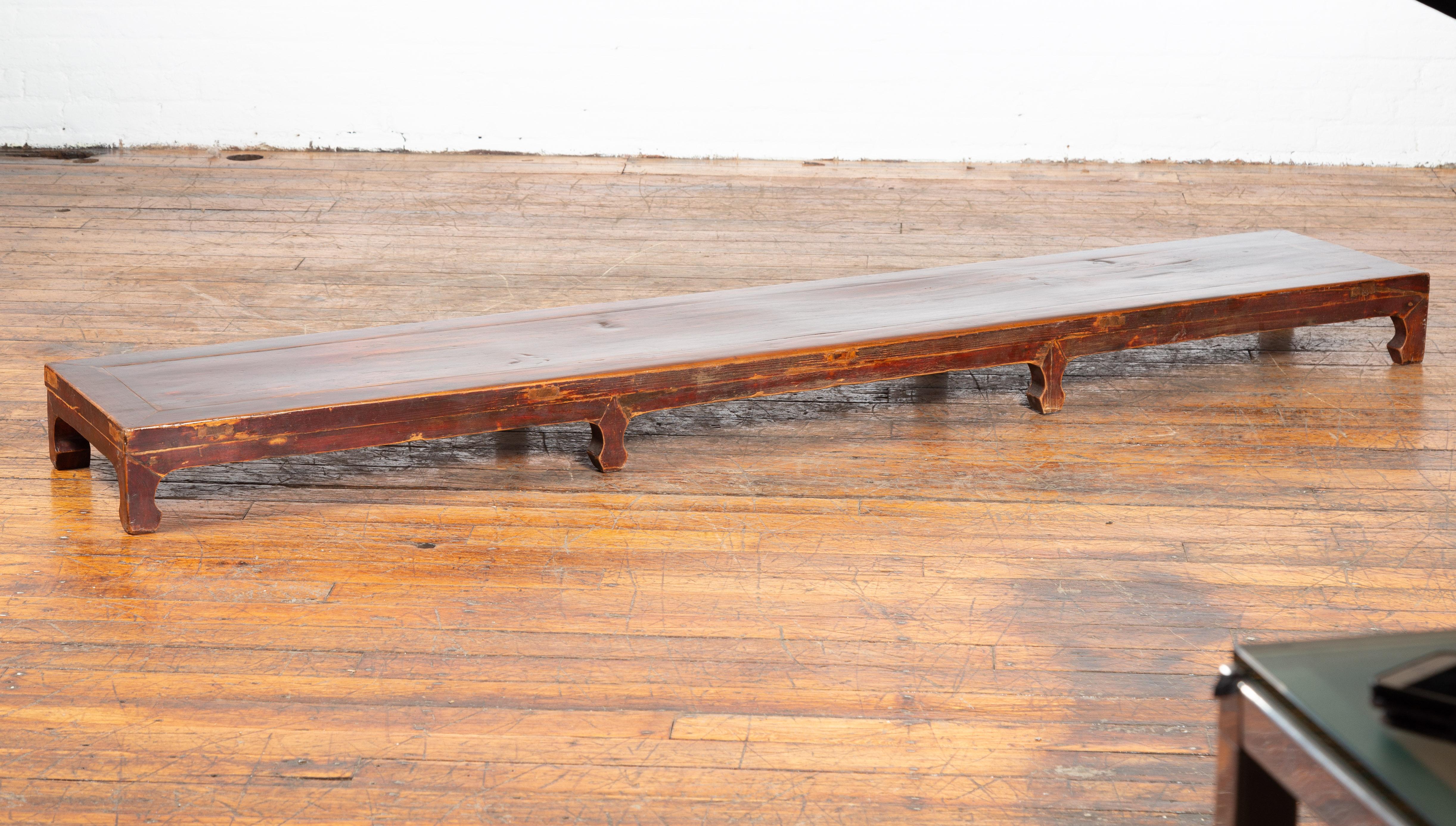 Lacquered Chinese Vintage Low Kang Table with Distressed Patina and Carved Feet For Sale