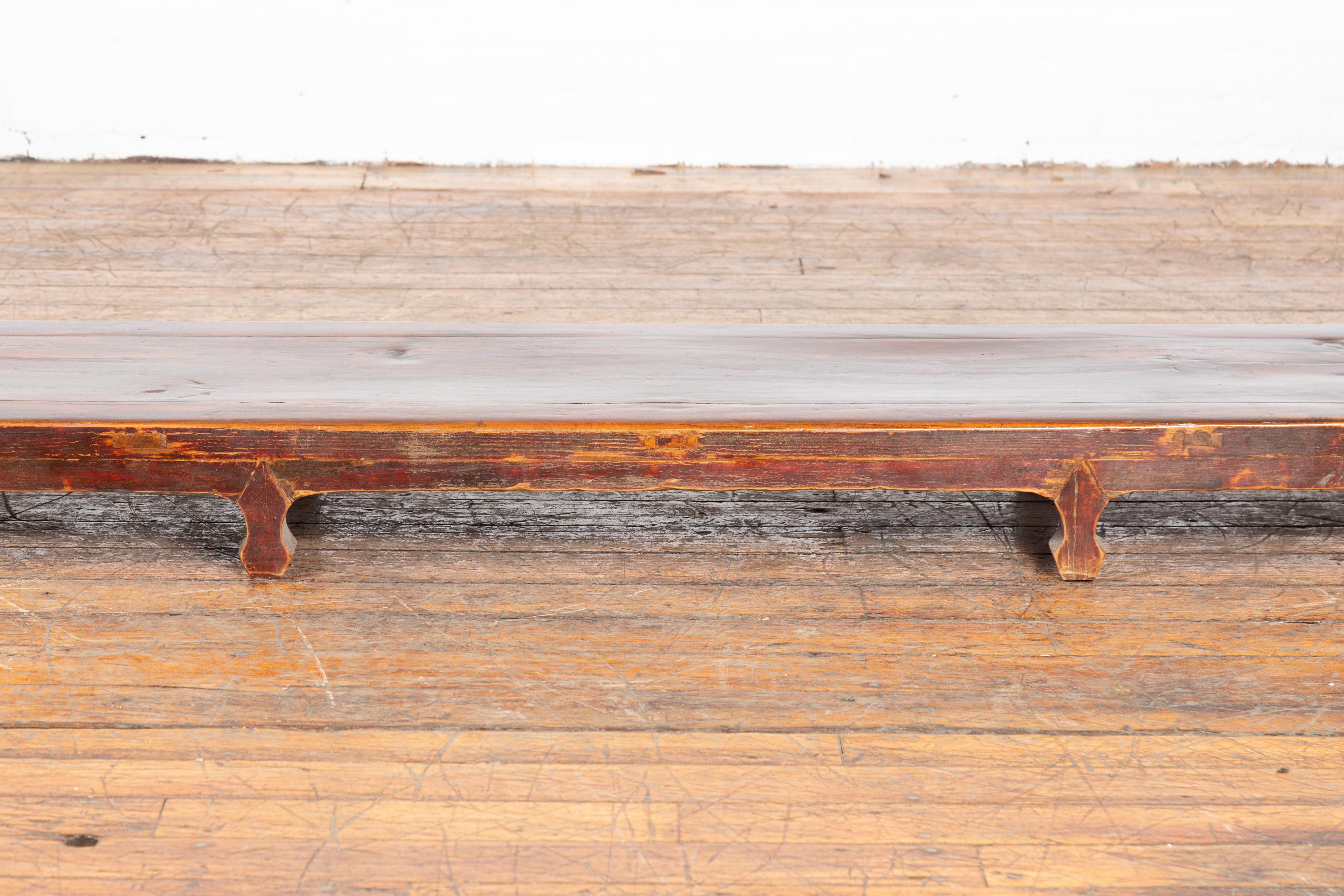 Wood Chinese Vintage Low Kang Table with Distressed Patina and Carved Feet For Sale