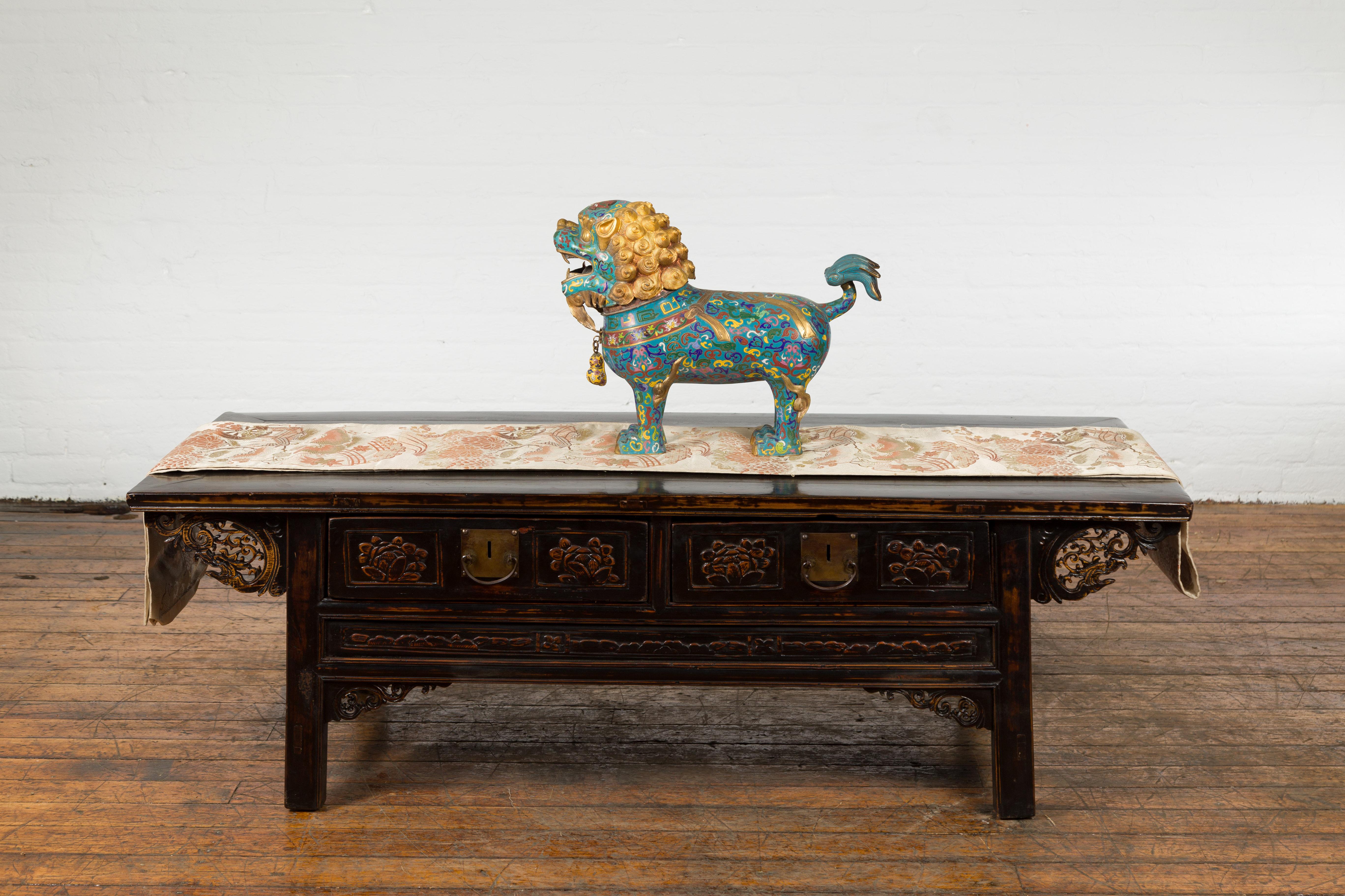 Chinese Vintage Metal Cloisonné Foo Dog Guardian Lion with Teal and Golden Tones 6