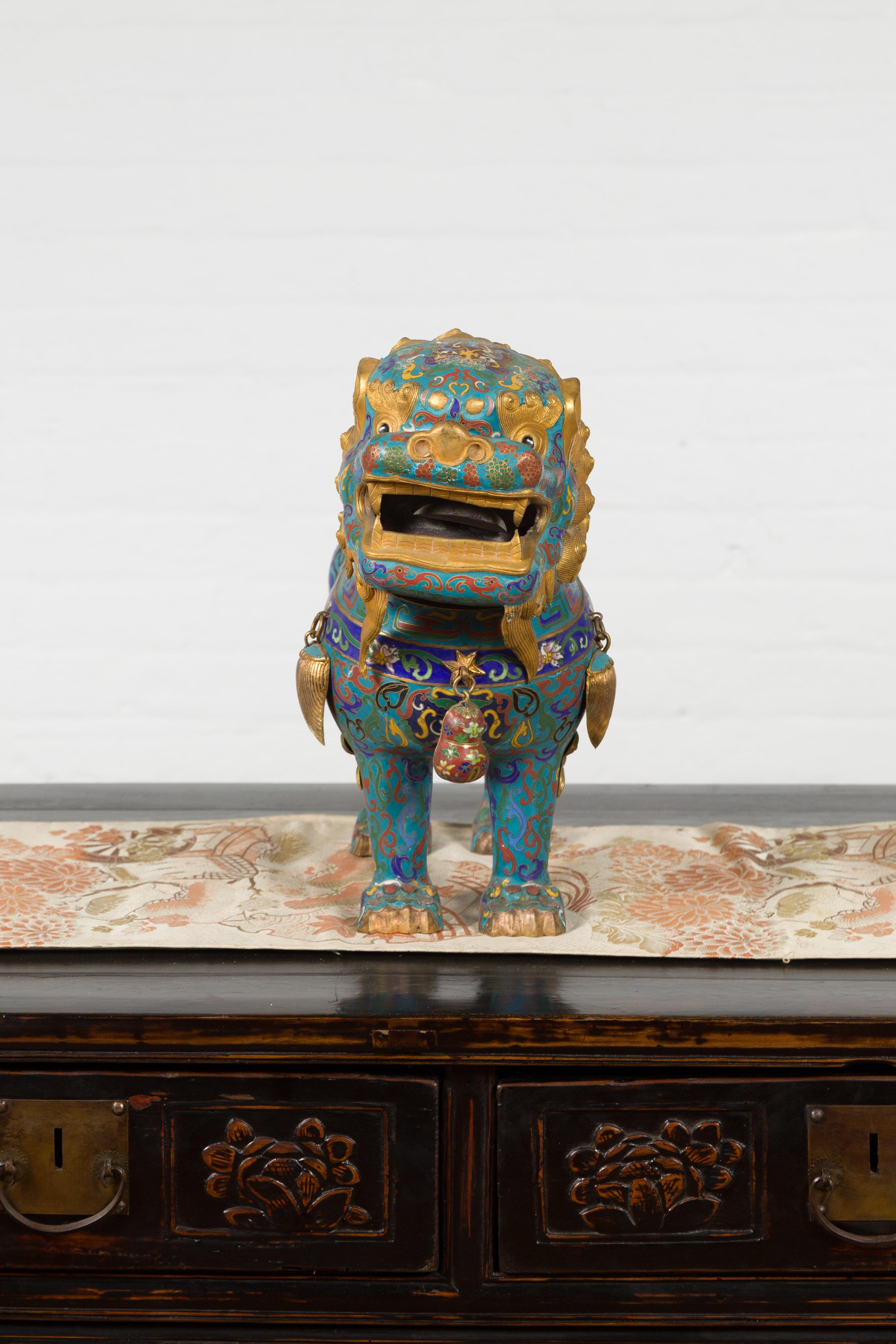 Chinese Vintage Metal Cloisonné Foo Dog Guardian Lion with Teal and Golden Tones 7