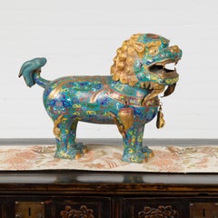 Chinese Vintage Metal Cloisonné Foo Dog Guardian Lion with Teal and Golden Tones