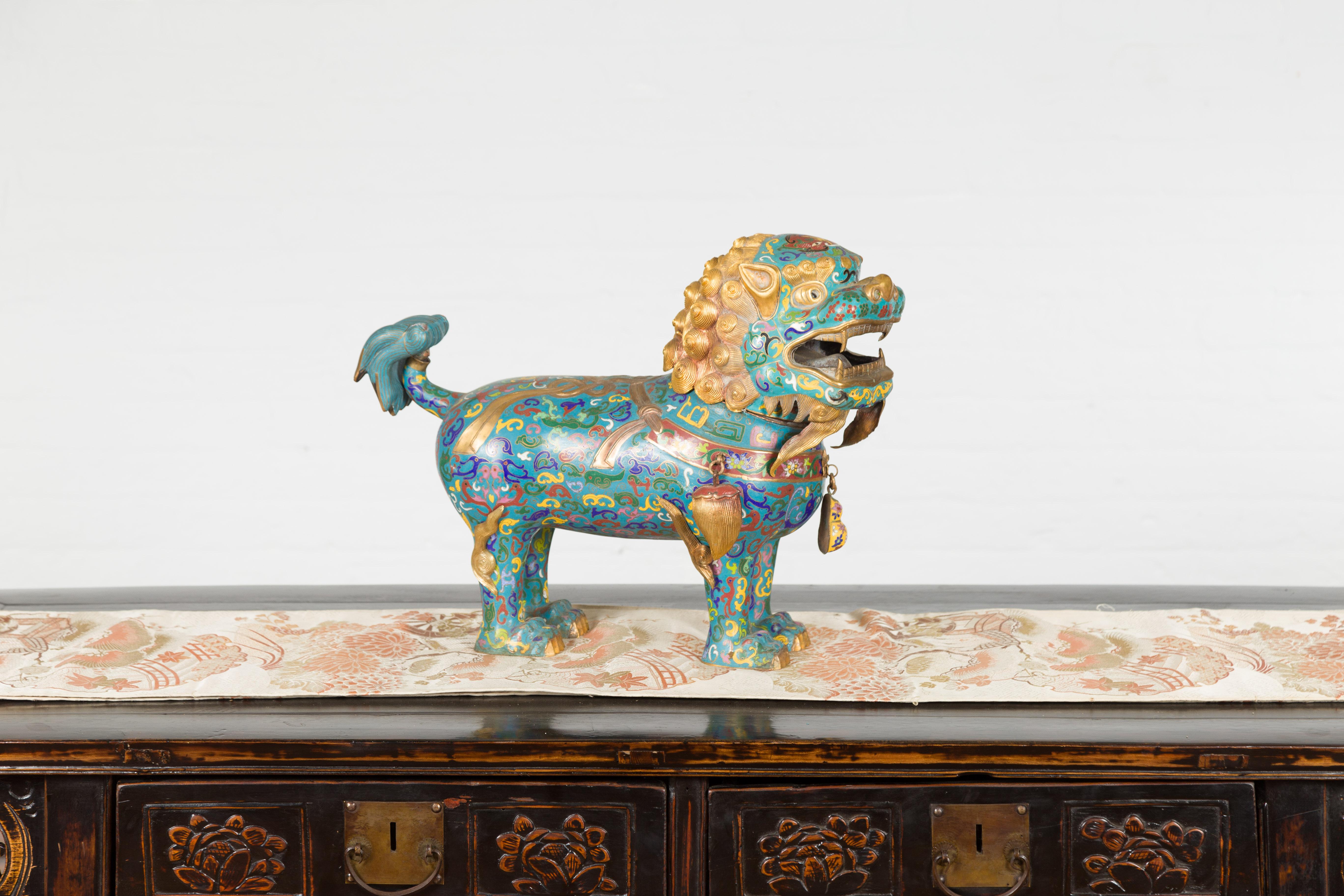 Cloissoné Chinese Vintage Metal Cloisonné Foo Dog Guardian Lion with Teal and Golden Tones