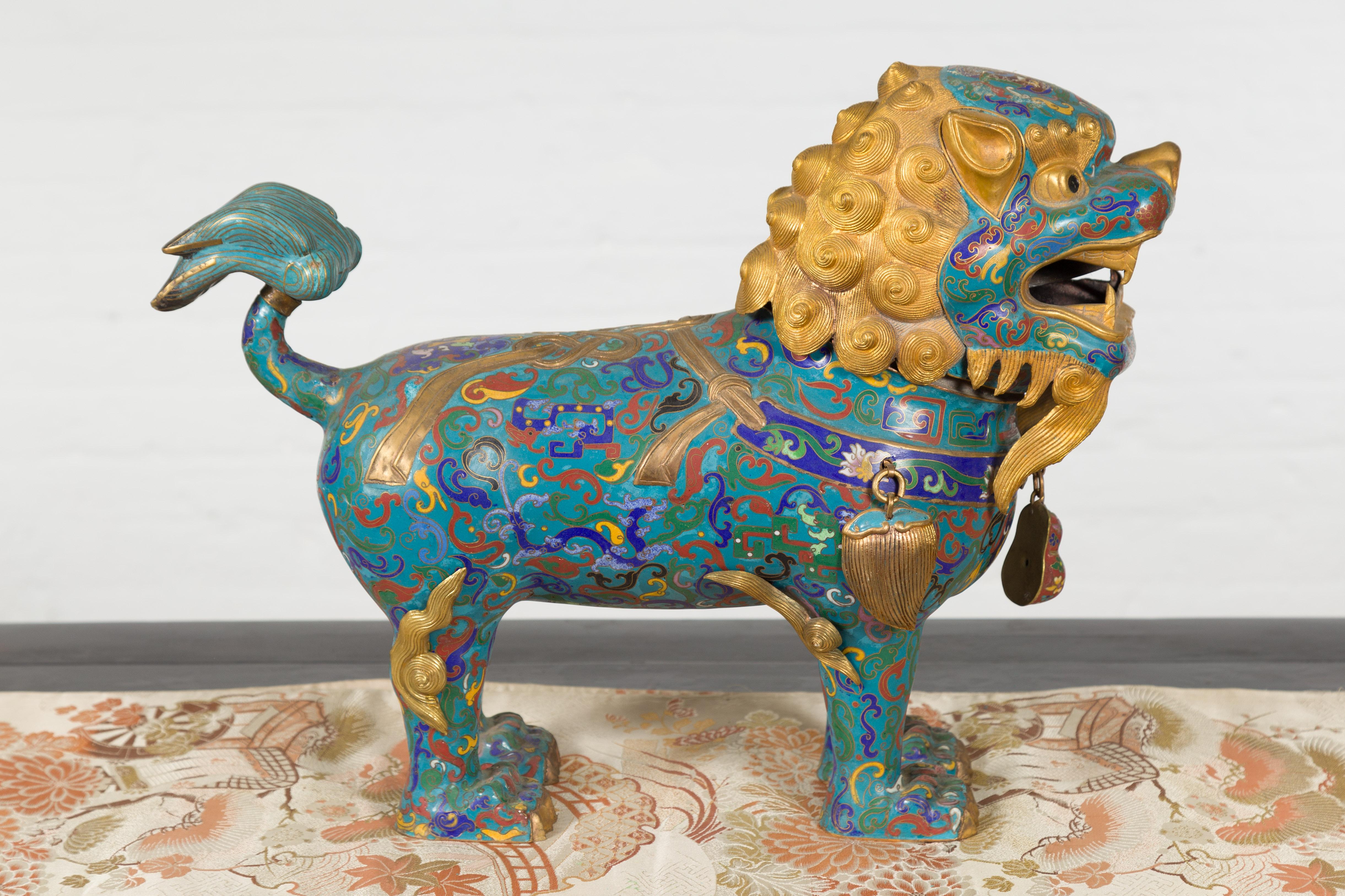 20th Century Chinese Vintage Metal Cloisonné Foo Dog Guardian Lion with Teal and Golden Tones