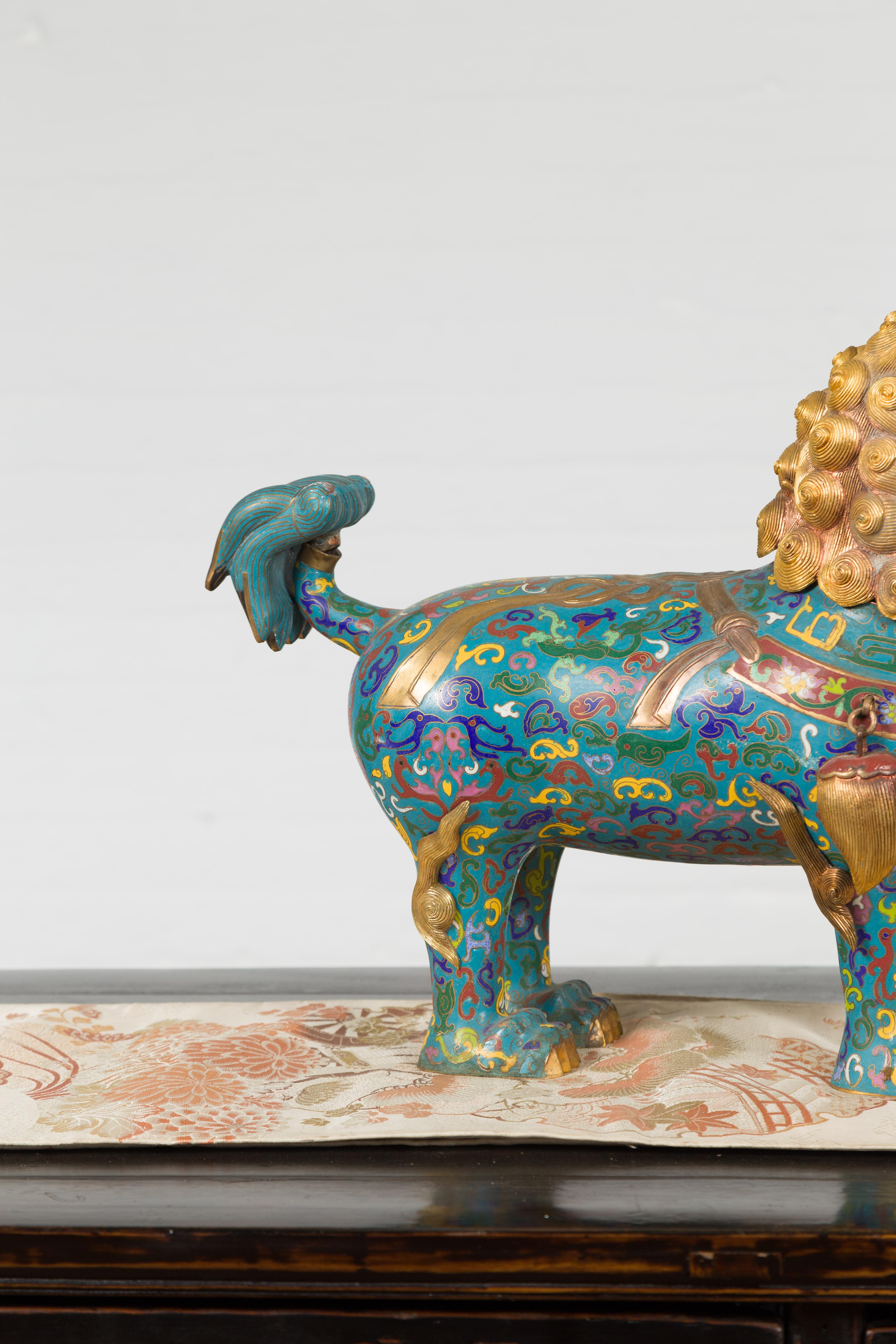 20th Century Chinese Vintage Metal Cloisonné Foo Dog Guardian Lion with Teal and Golden Tones