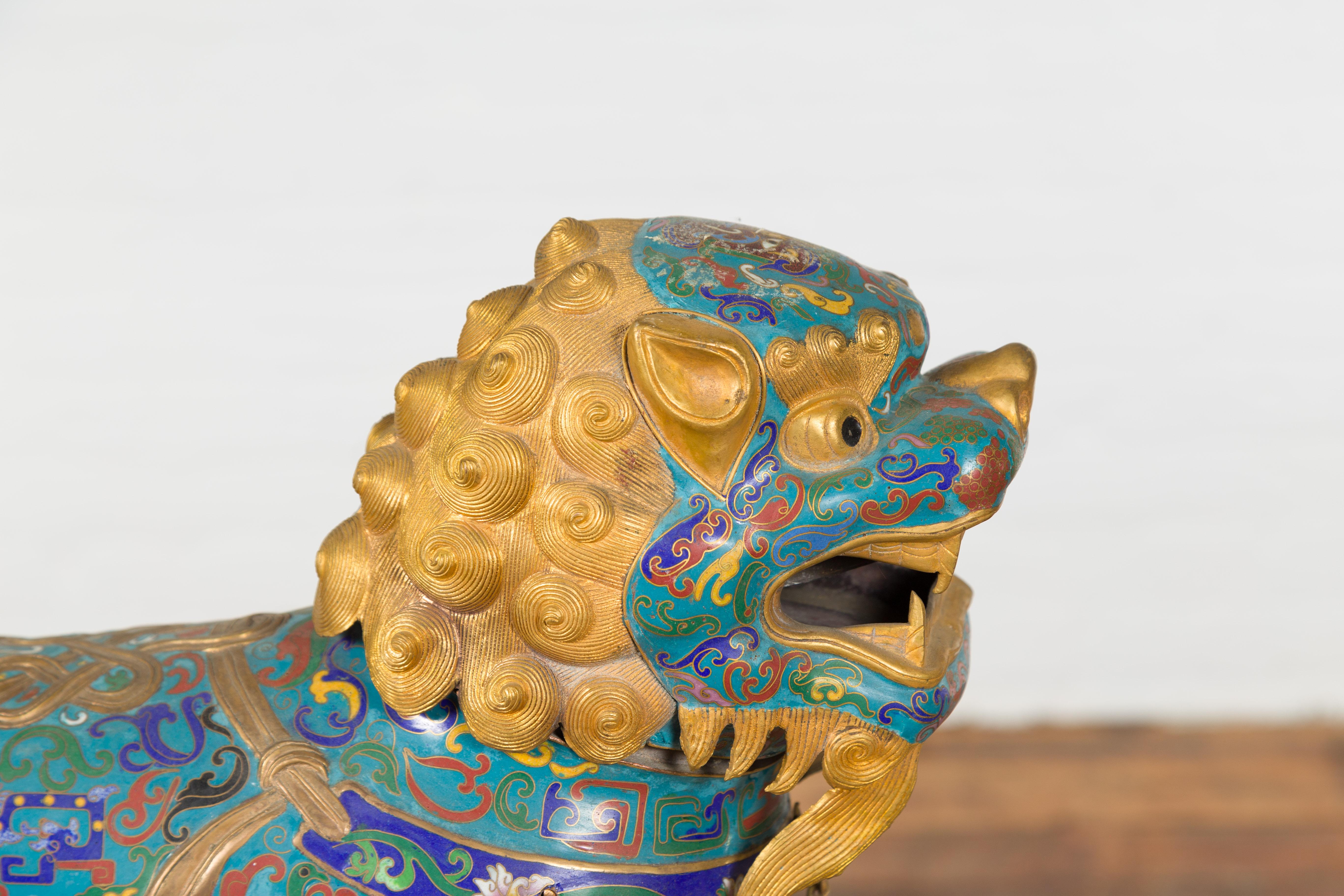 Chinese Vintage Metal Cloisonné Foo Dog Guardian Lion with Teal and Golden Tones 1