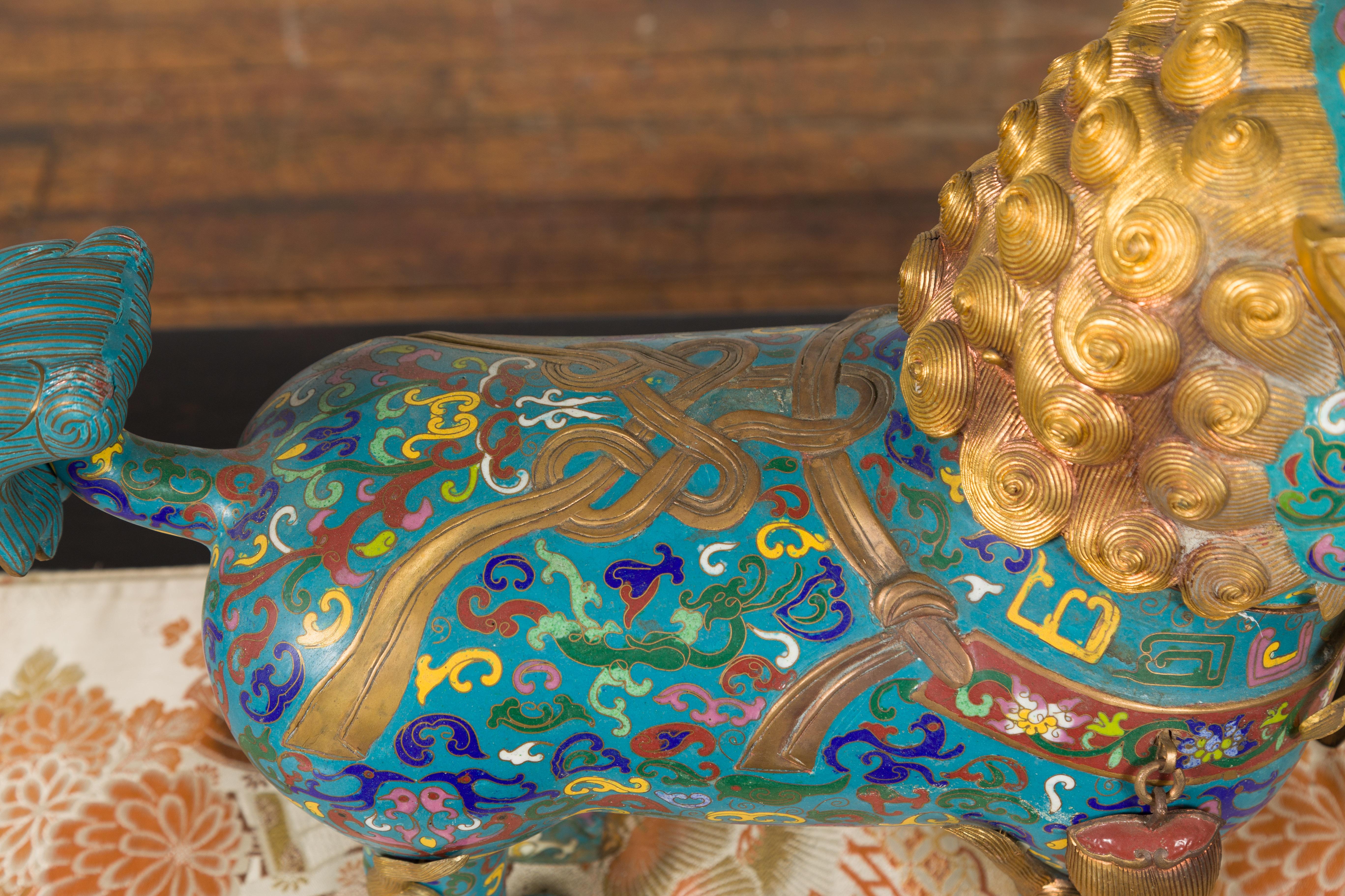 Chinese Vintage Metal Cloisonné Foo Dog Guardian Lion with Teal and Golden Tones 1