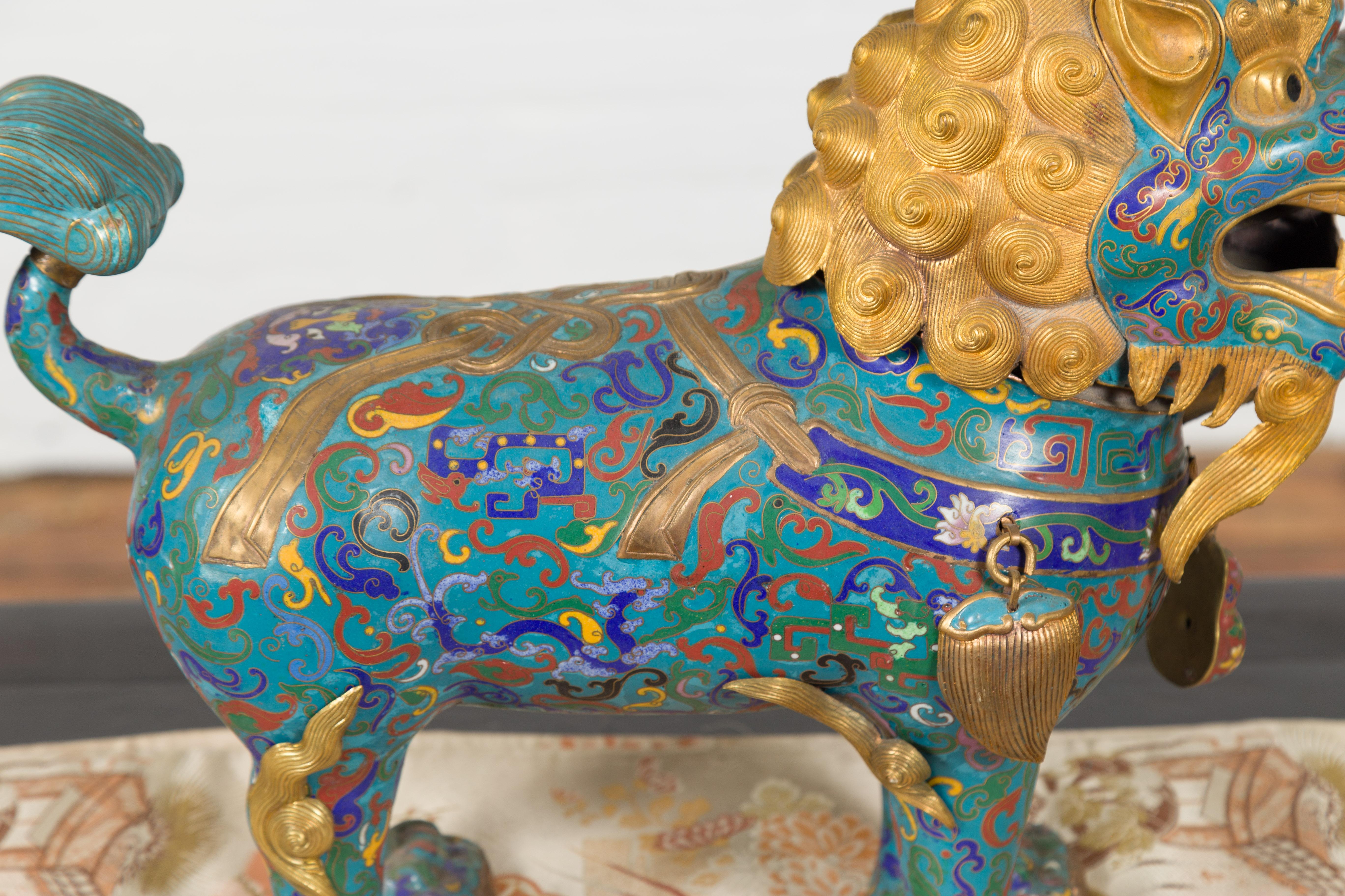Chinese Vintage Metal Cloisonné Foo Dog Guardian Lion with Teal and Golden Tones 2