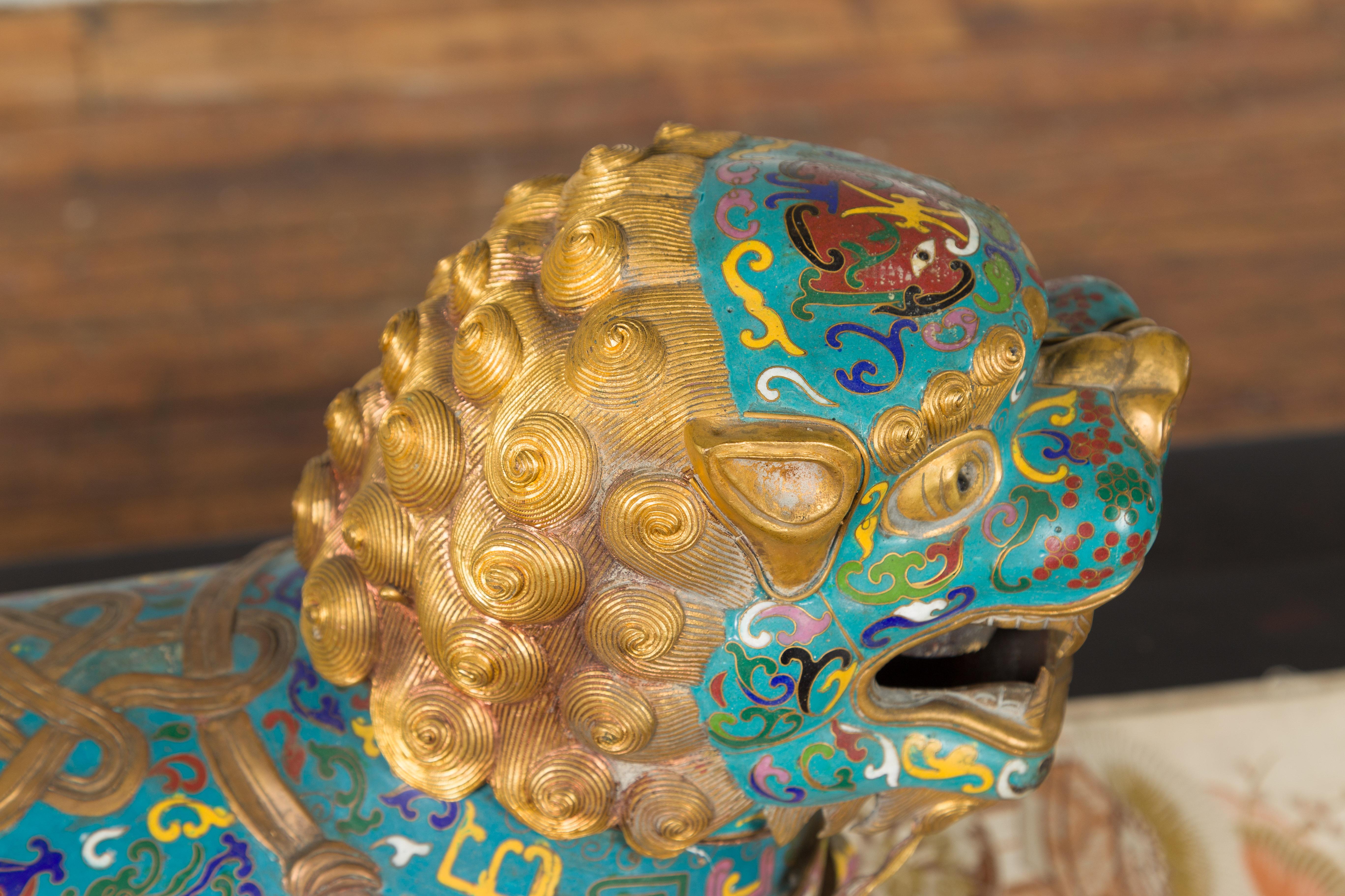 Chinese Vintage Metal Cloisonné Foo Dog Guardian Lion with Teal and Golden Tones 2