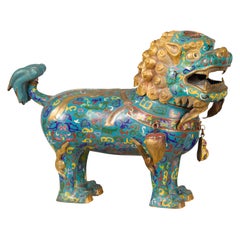 Chinese Vintage Metal Cloisonné Foo Dog Guardian Lion with Teal and Golden Tones