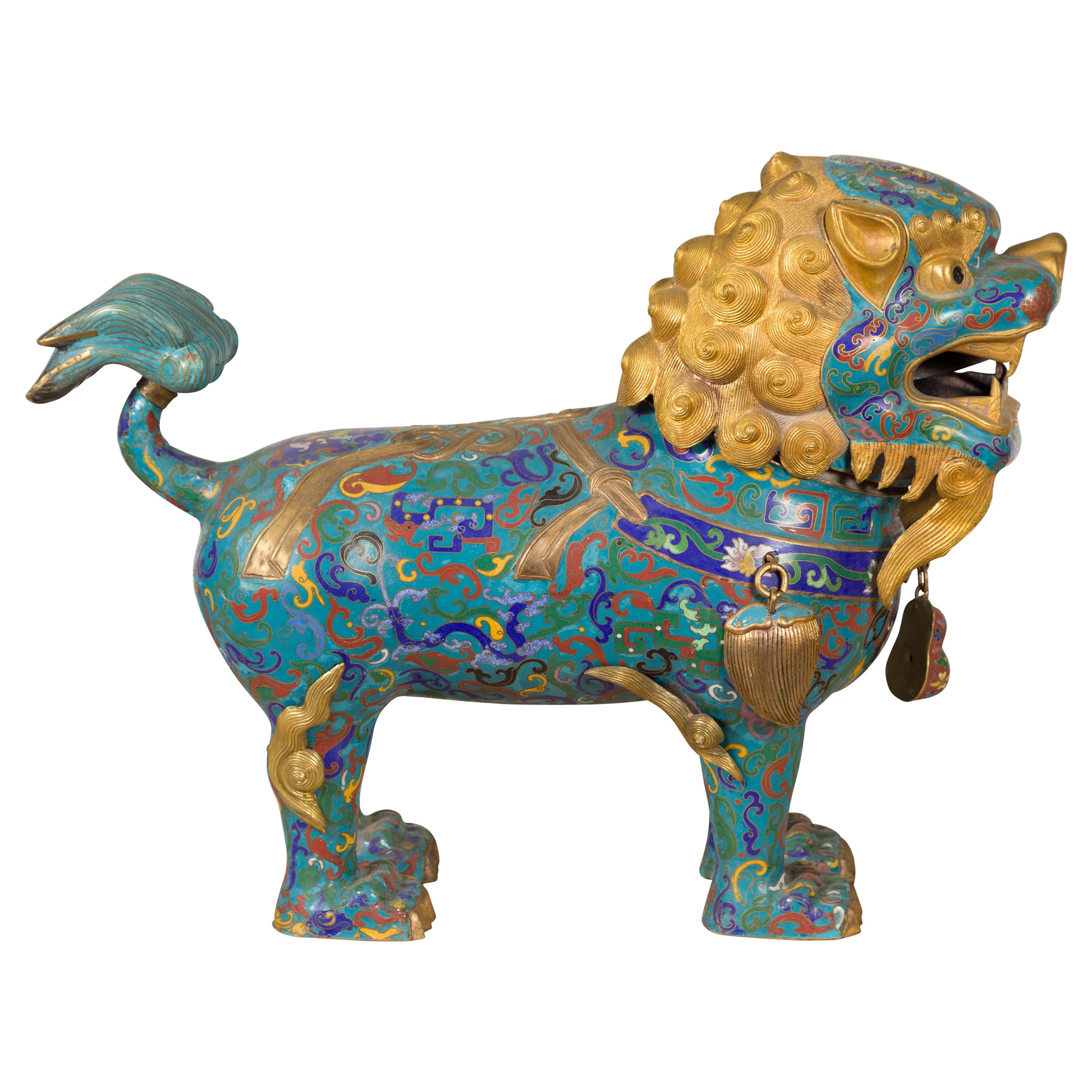 Chinese Vintage Metal Cloisonné Foo Dog Guardian Lion with Teal and Golden Tones