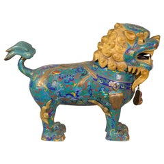 Chinese Vintage Metal Cloisonné Foo Dog Guardian Lion with Teal and Golden Tones