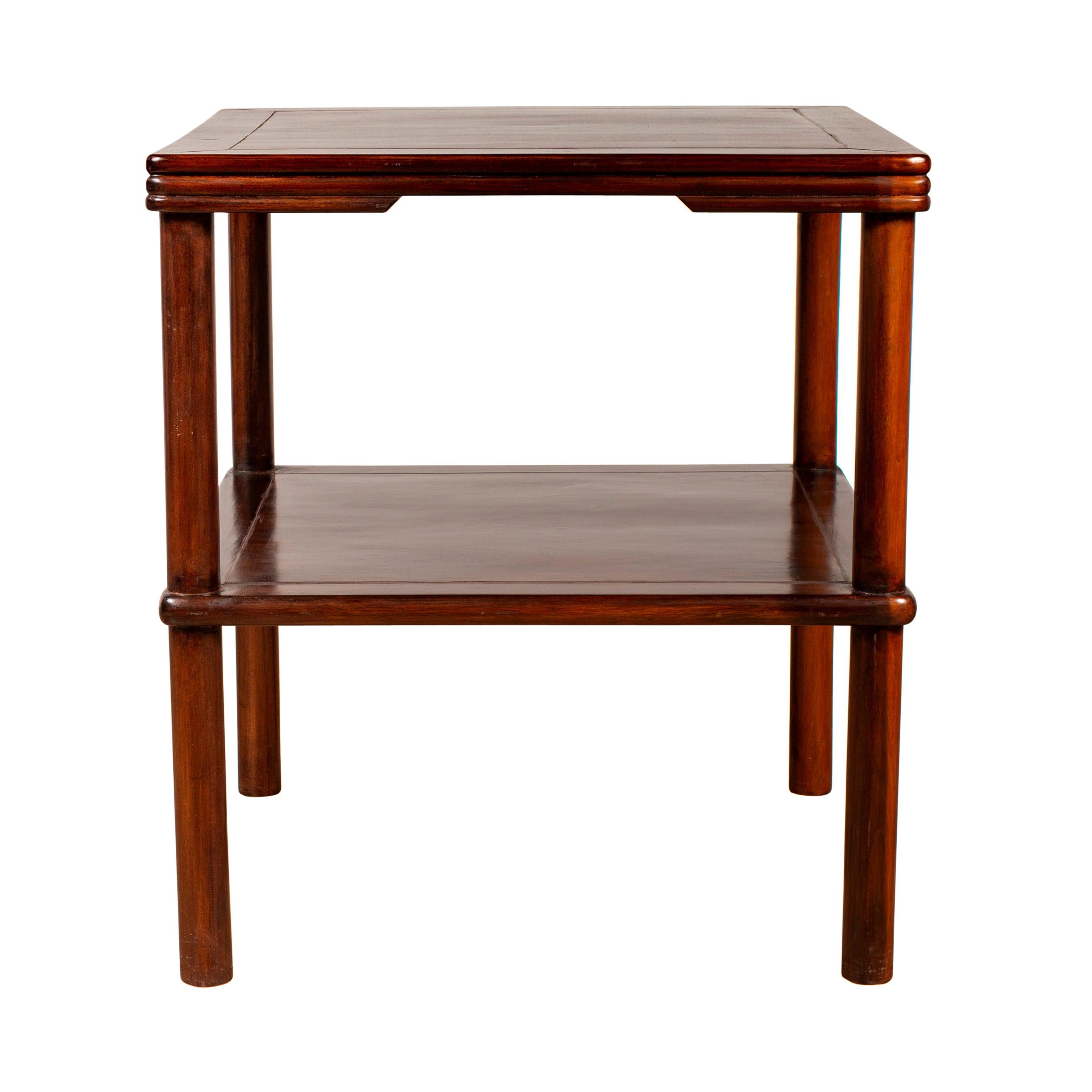 Chinese Vintage Midcentury Square-Shaped Side Table with Lower Shelf For Sale