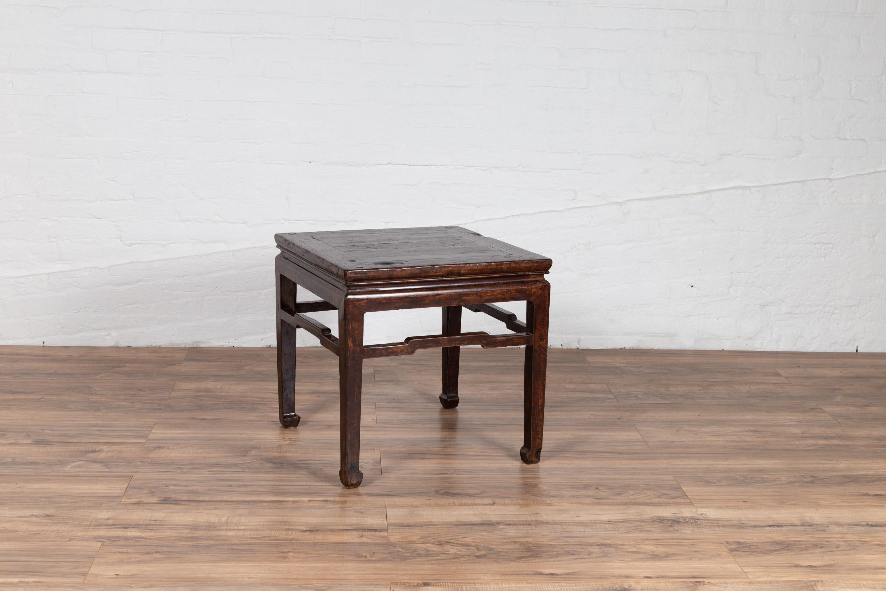 Chinese Vintage Ming Dynasty Style Side Table with Dark Patina and Stretchers 1