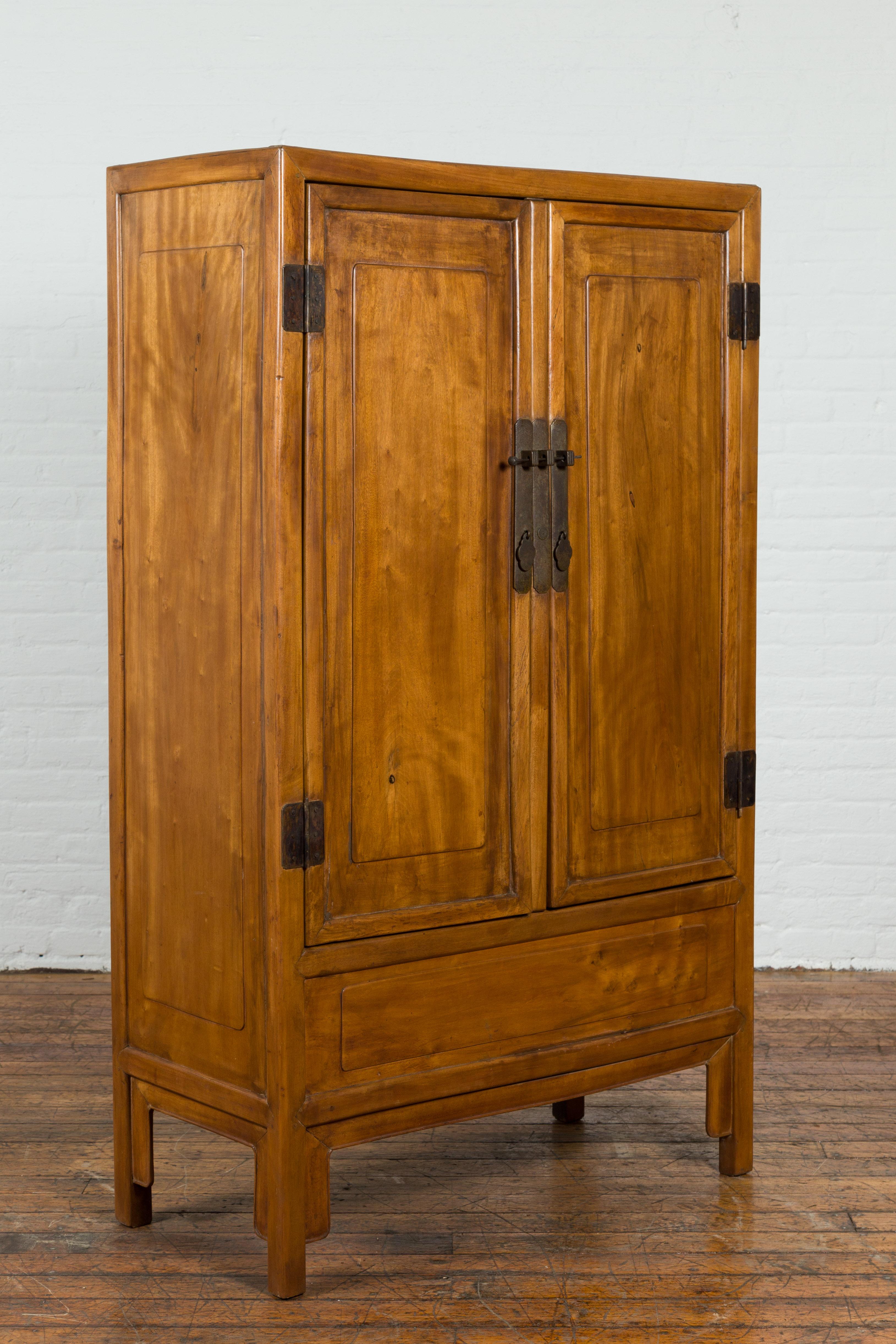 Chinese Vintage Natural Elmwood Cabinet with Brass Hardware and Hidden Drawers In Good Condition In Yonkers, NY