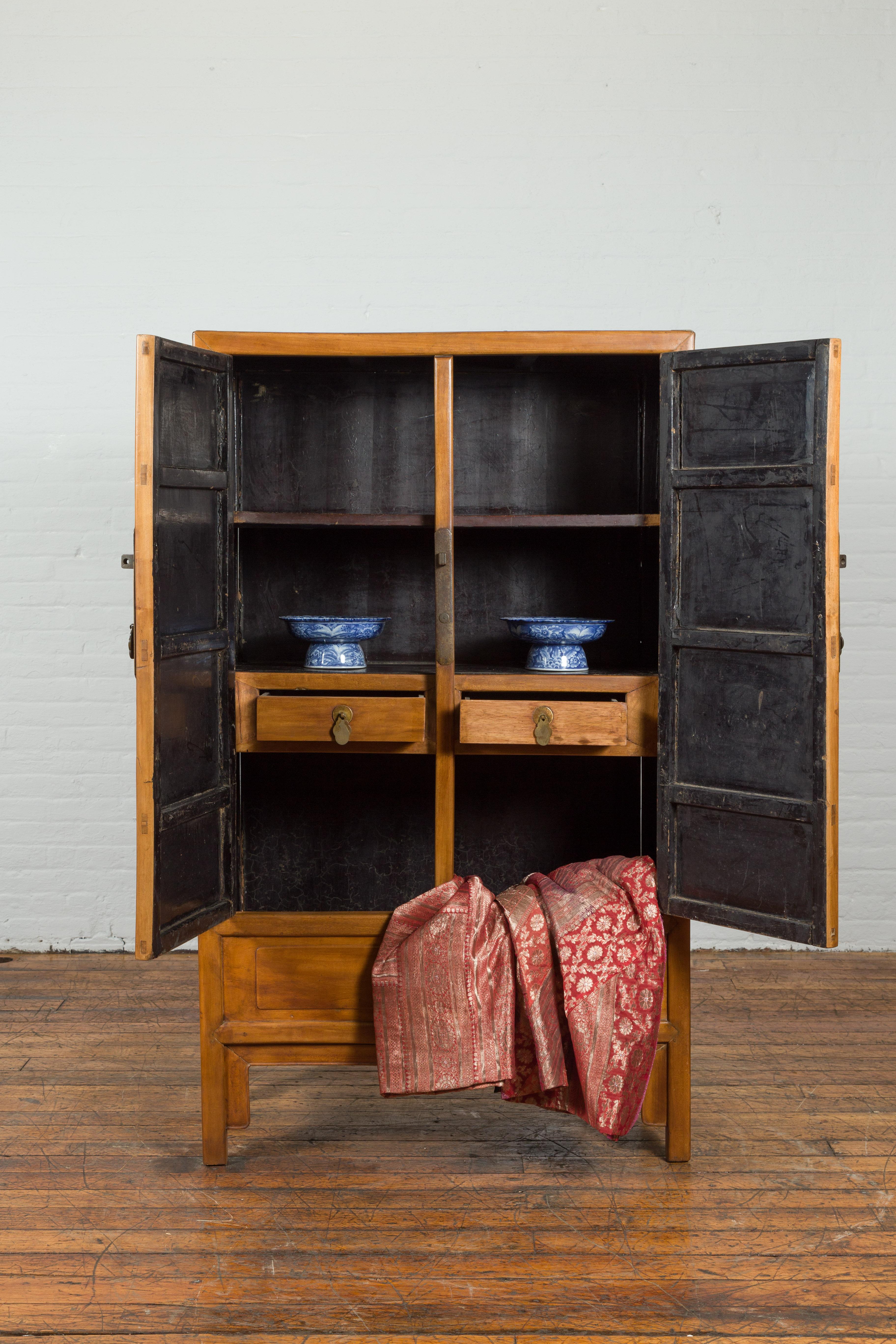20th Century Chinese Vintage Natural Elmwood Cabinet with Brass Hardware and Hidden Drawers