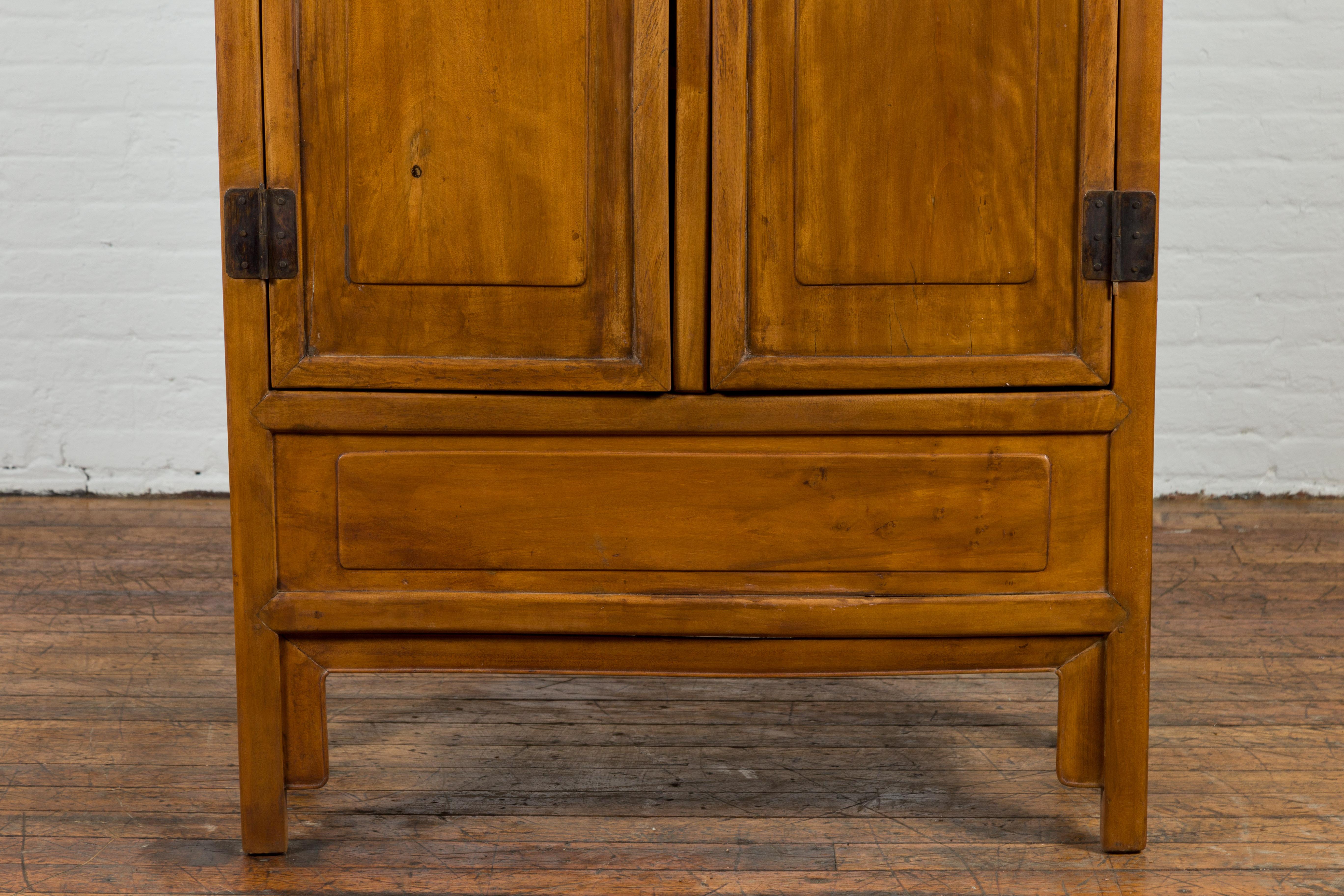 Chinese Vintage Natural Elmwood Cabinet with Brass Hardware and Hidden Drawers 2