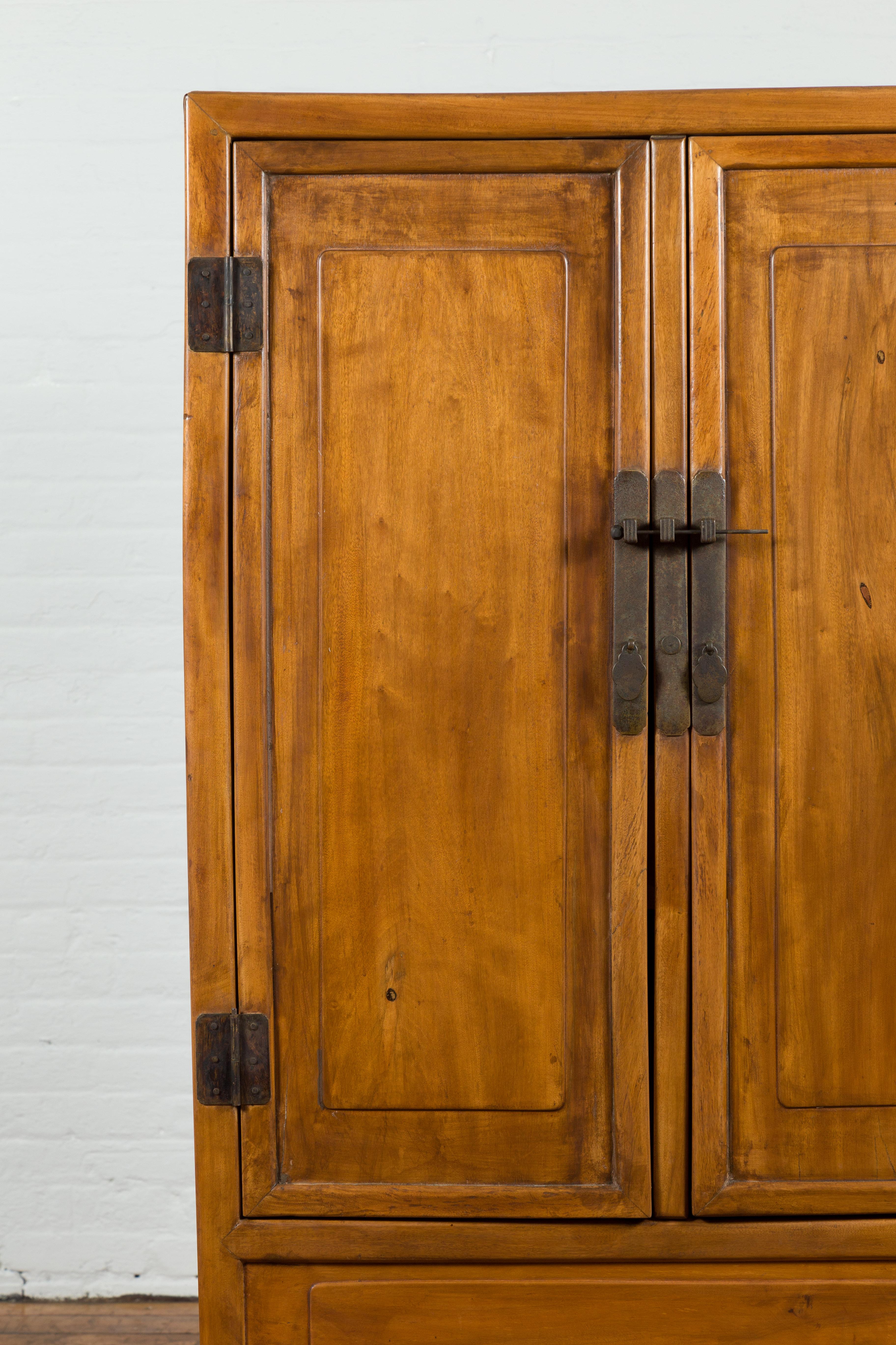 Chinese Vintage Natural Elmwood Cabinet with Brass Hardware and Hidden Drawers 3