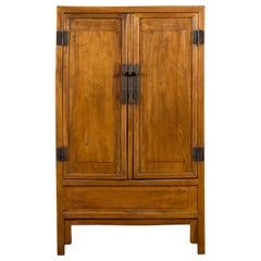 Chinese Vintage Natural Elmwood Cabinet with Brass Hardware and Hidden Drawers