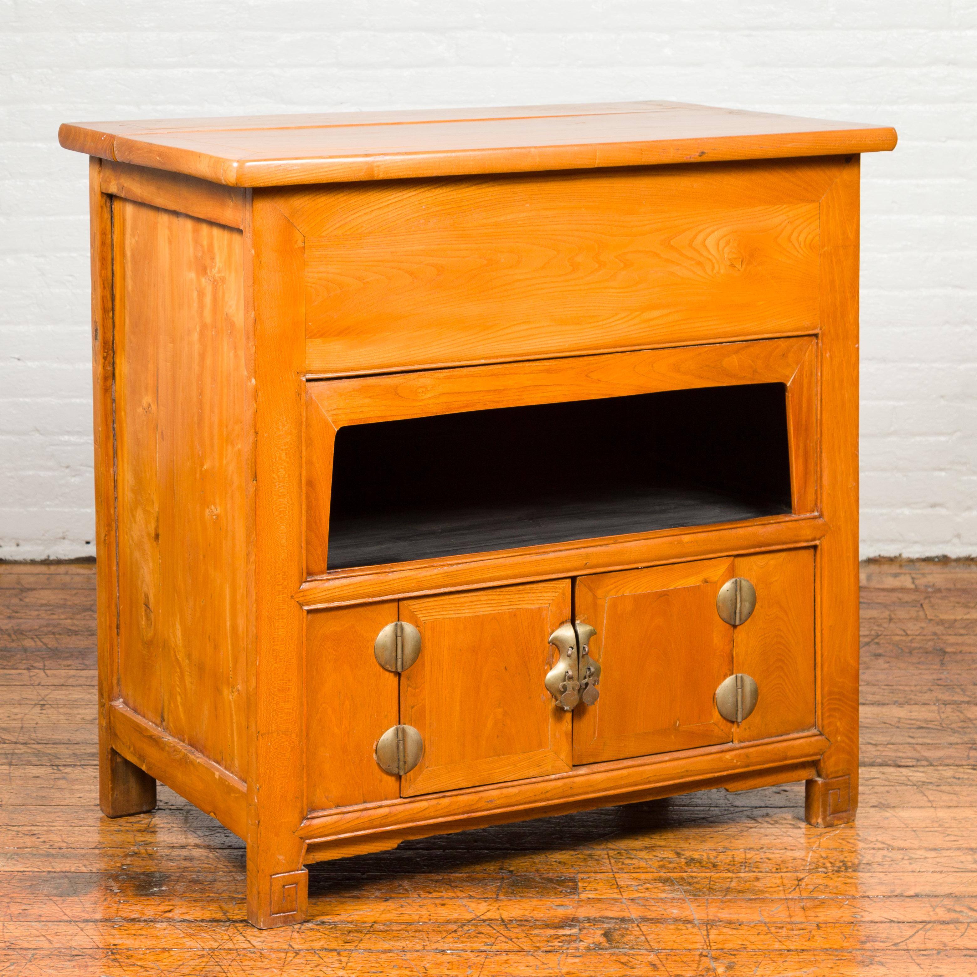 Chinese Vintage Natural Elmwood Console Cabinet with Removable Top and Doors For Sale 6