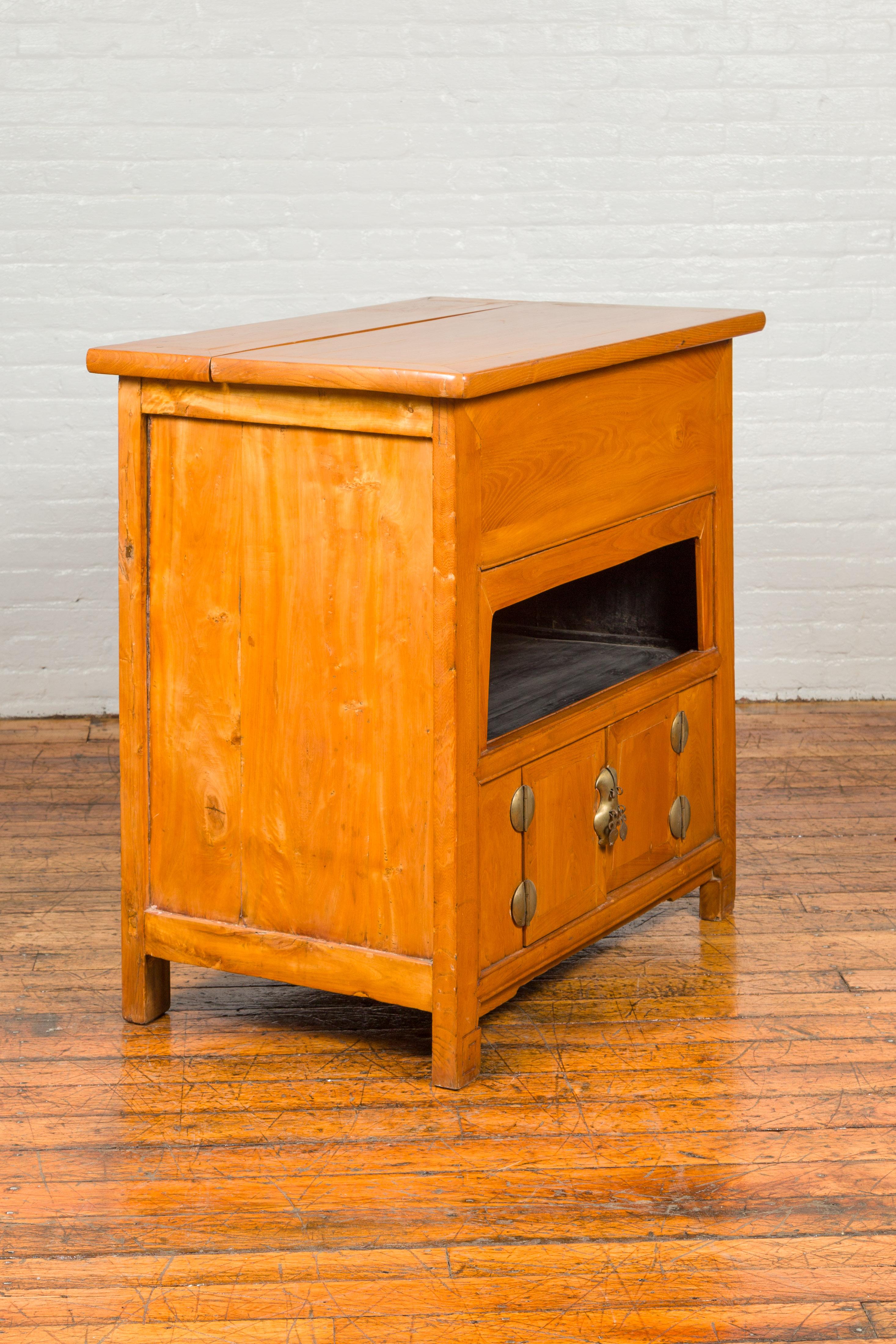 Chinese Vintage Natural Elmwood Console Cabinet with Removable Top and Doors For Sale 7