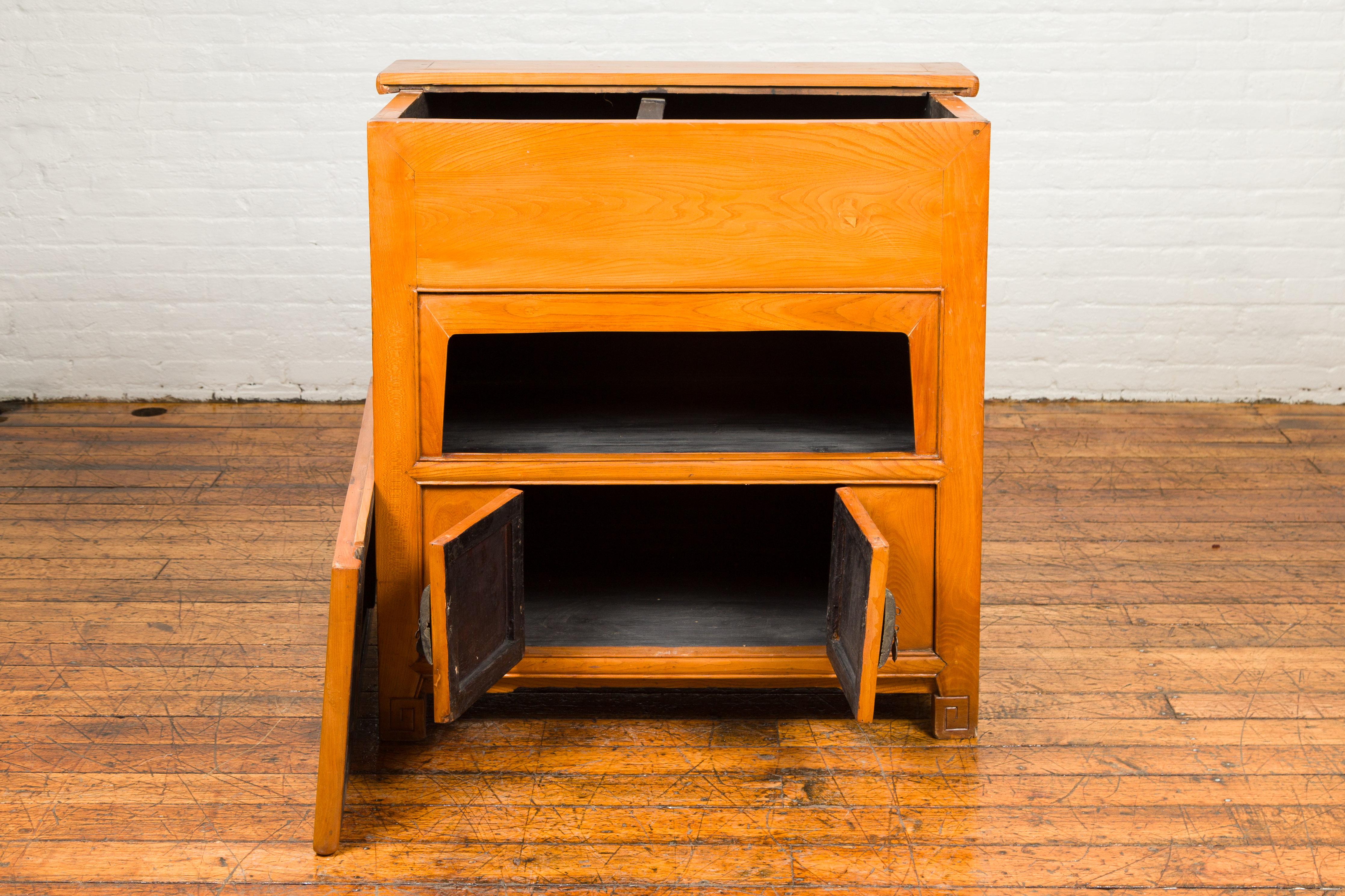 20th Century Chinese Vintage Natural Elmwood Console Cabinet with Removable Top and Doors For Sale