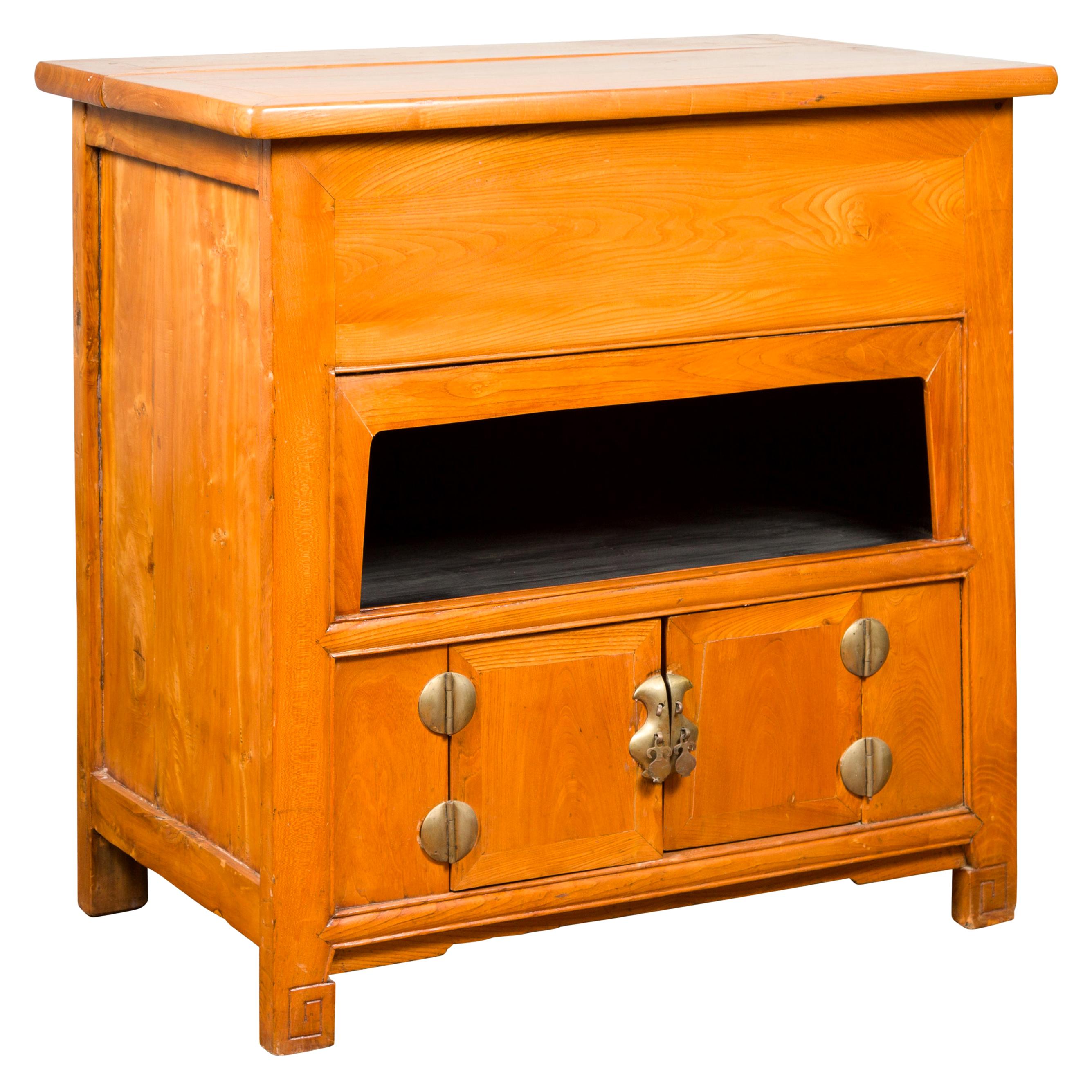 Chinese Vintage Natural Elmwood Console Cabinet with Removable Top and Doors For Sale