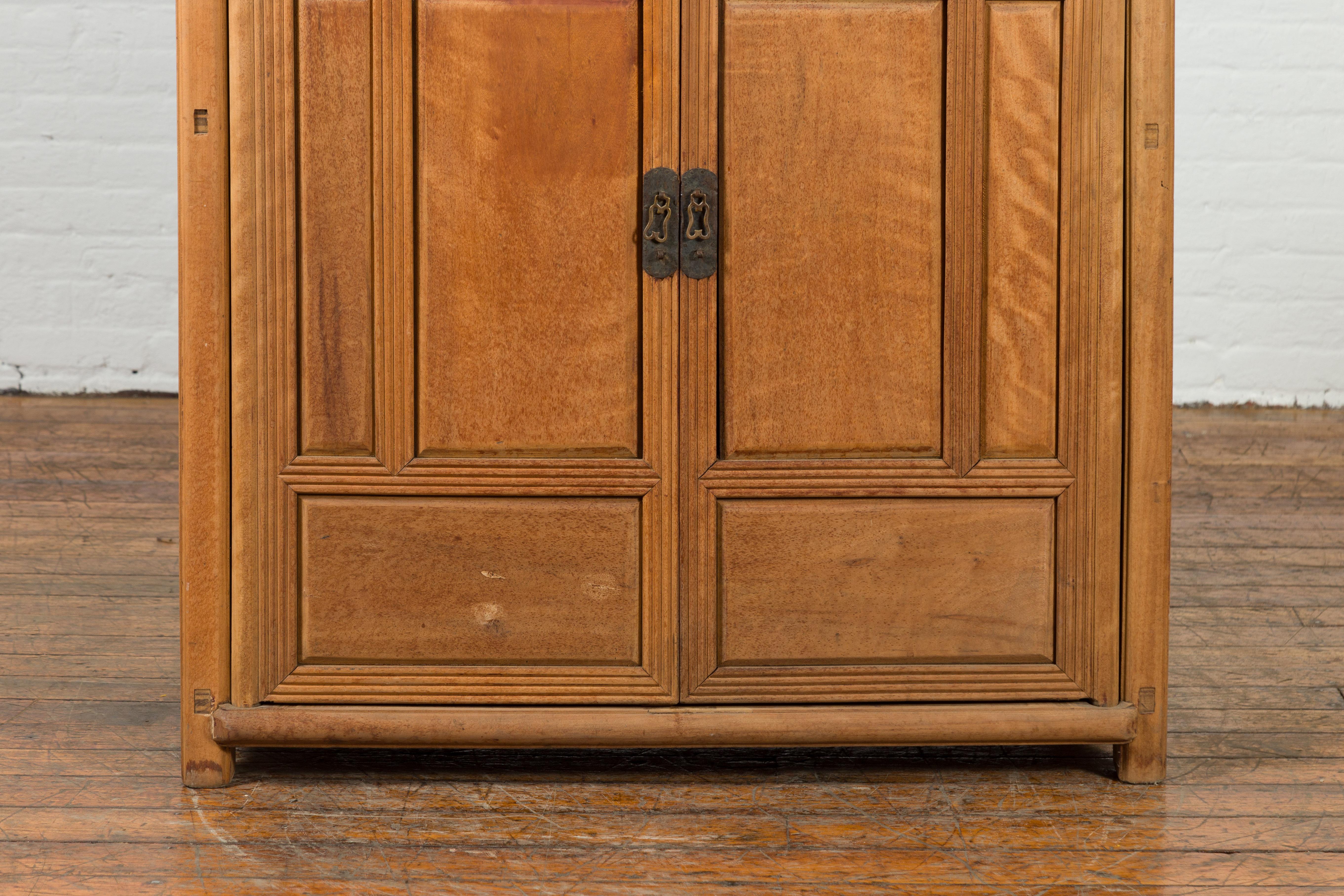 Chinese Vintage Natural Wood Finish Cabinet with Two Doors and Hidden Drawers For Sale 1