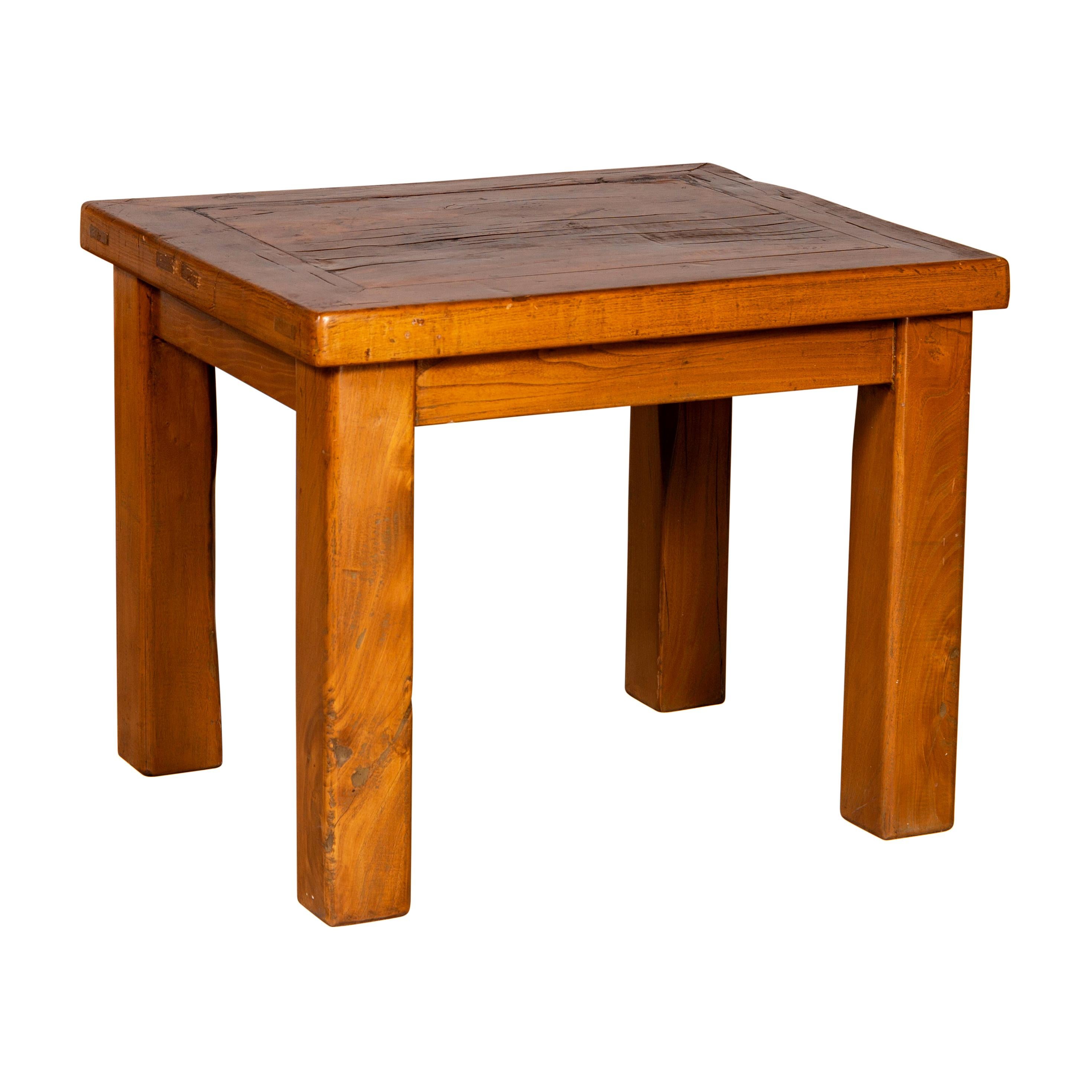 Chinese Vintage Natural Wood Side Table with Square Legs and Contemporary Design For Sale