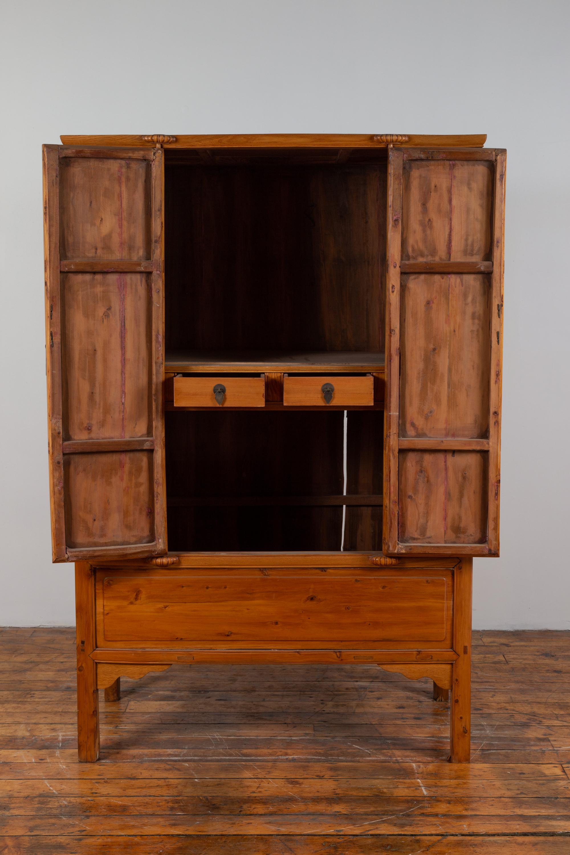 Vintage Natural Wood Two-Door Cabinet with Floral Décor and Drawers For Sale 6