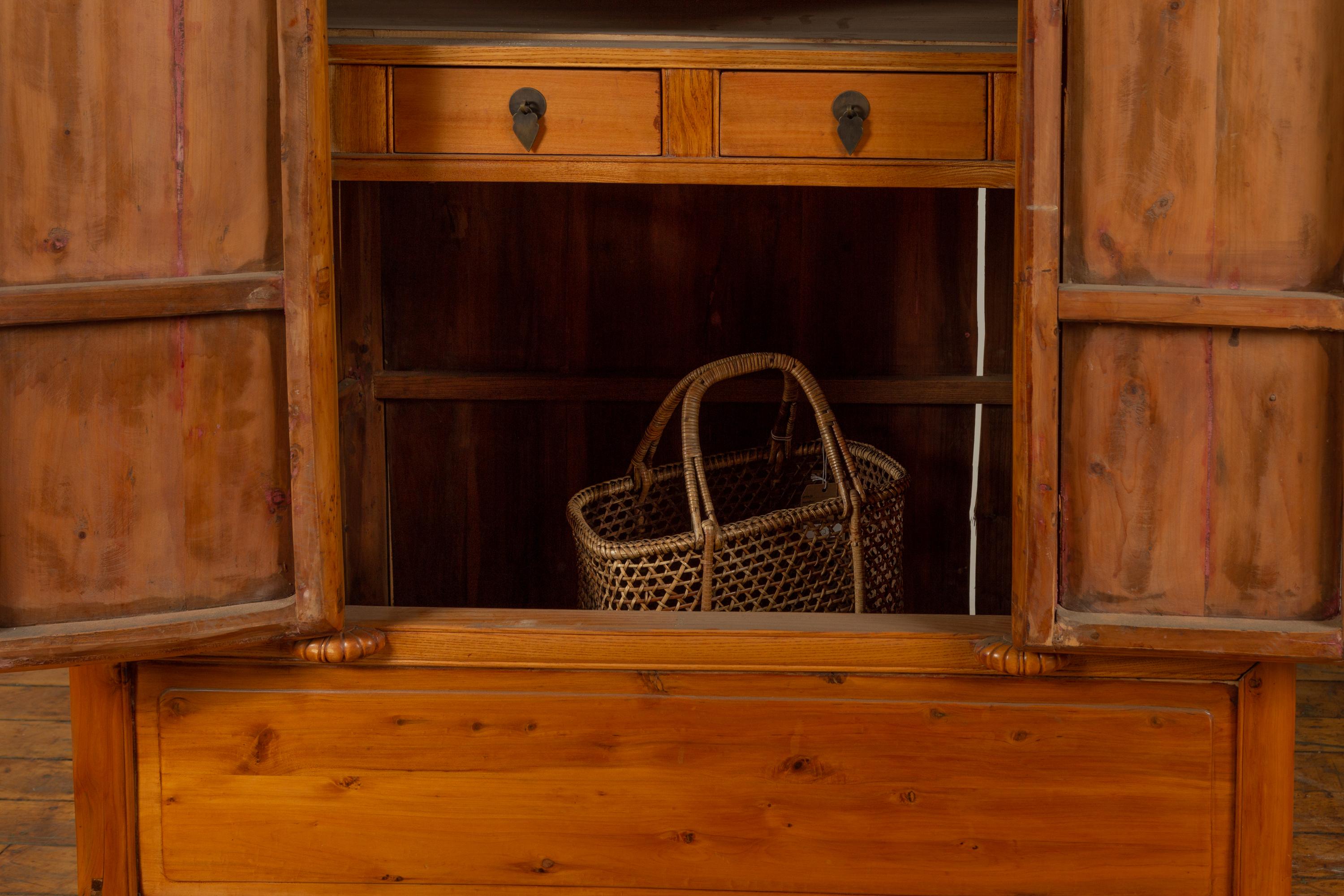 Vintage Natural Wood Two-Door Cabinet with Floral Décor and Drawers For Sale 8