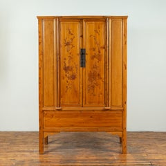 Vintage Natural Wood Two-Door Cabinet with Floral Décor and Drawers