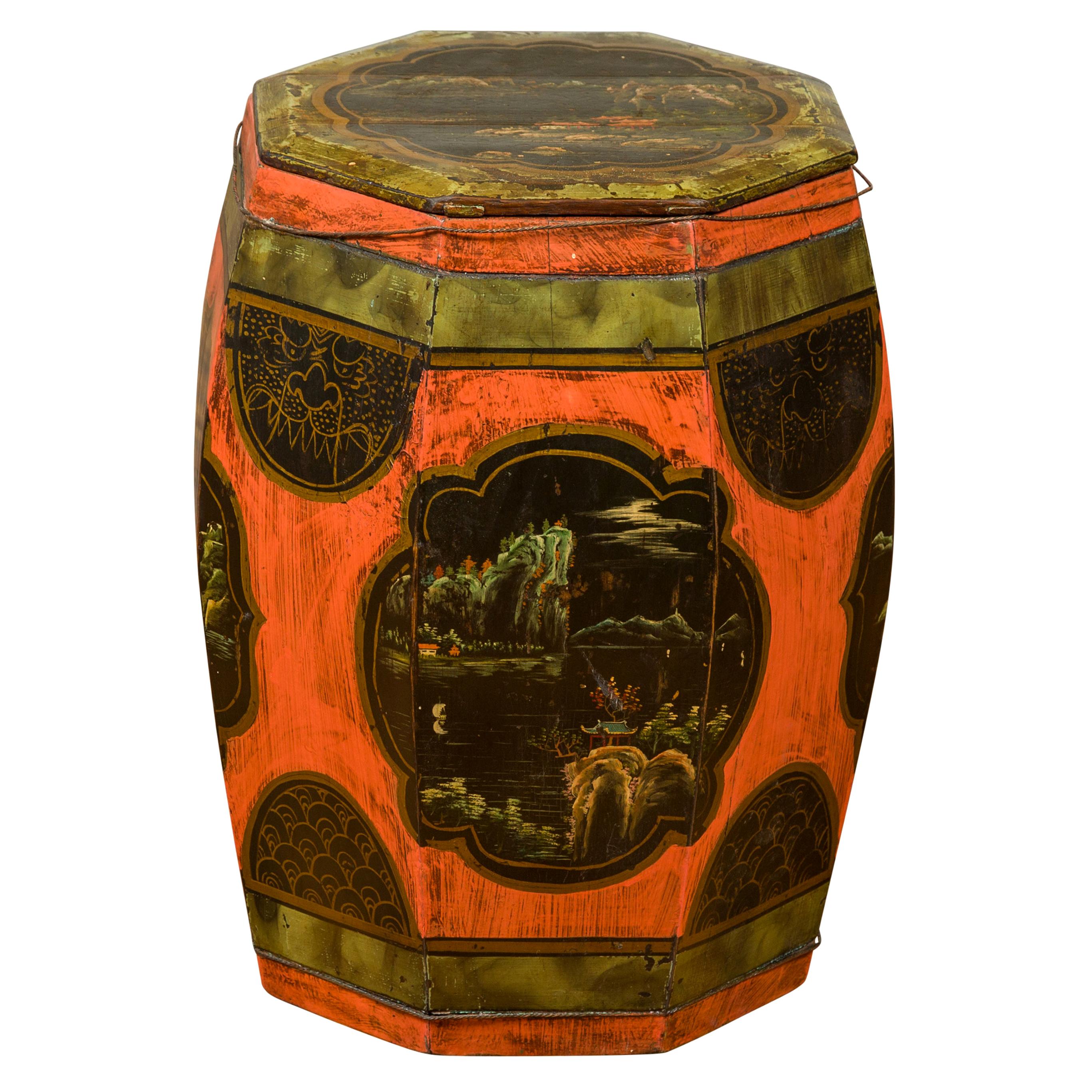 Chinese Vintage Octagonal Garden Seat with Hand Painted Décor and Lid