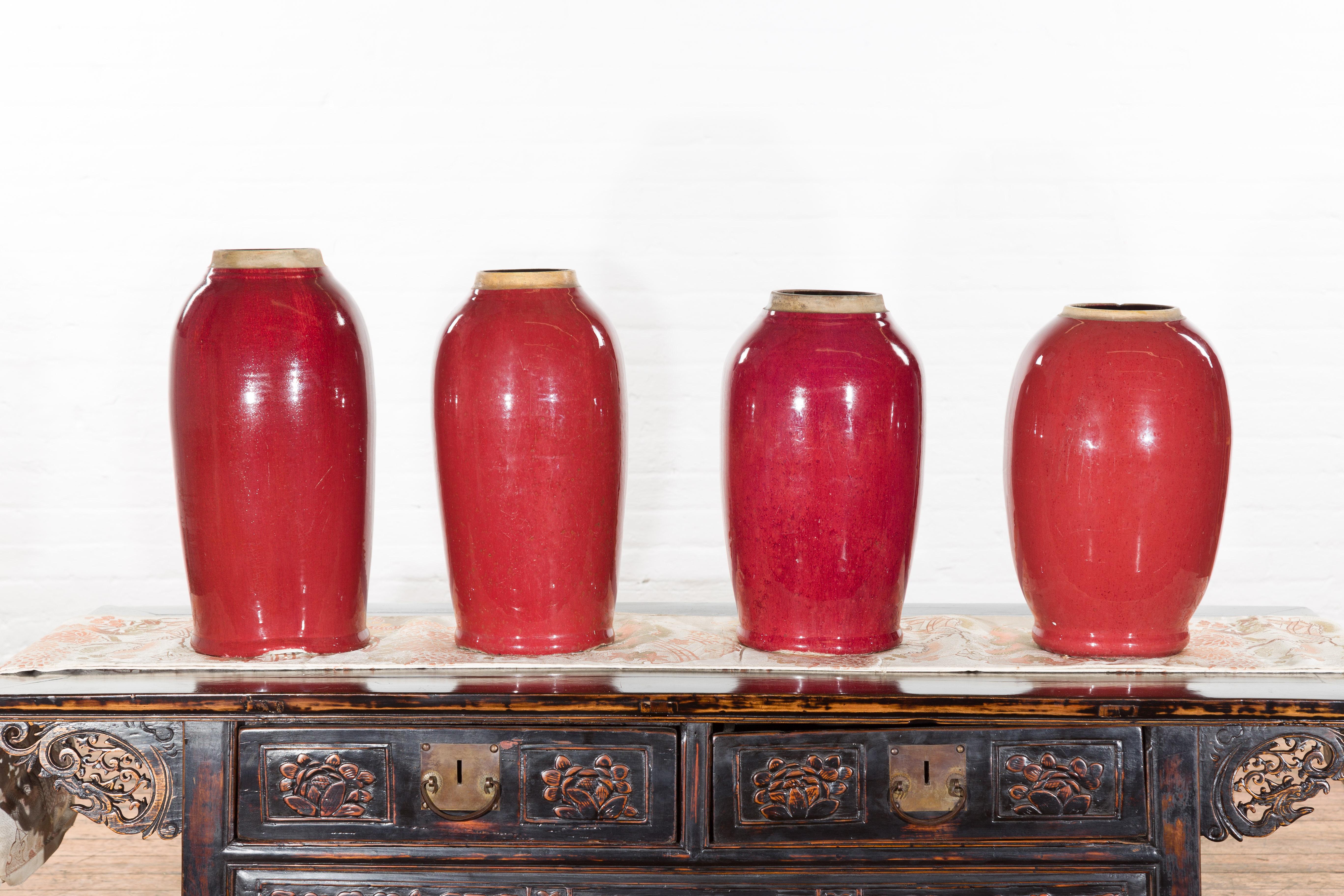 Vintage Oxblood Glazed Chinese Altar Vases with Unglazed Rims, Sold Individually For Sale 7