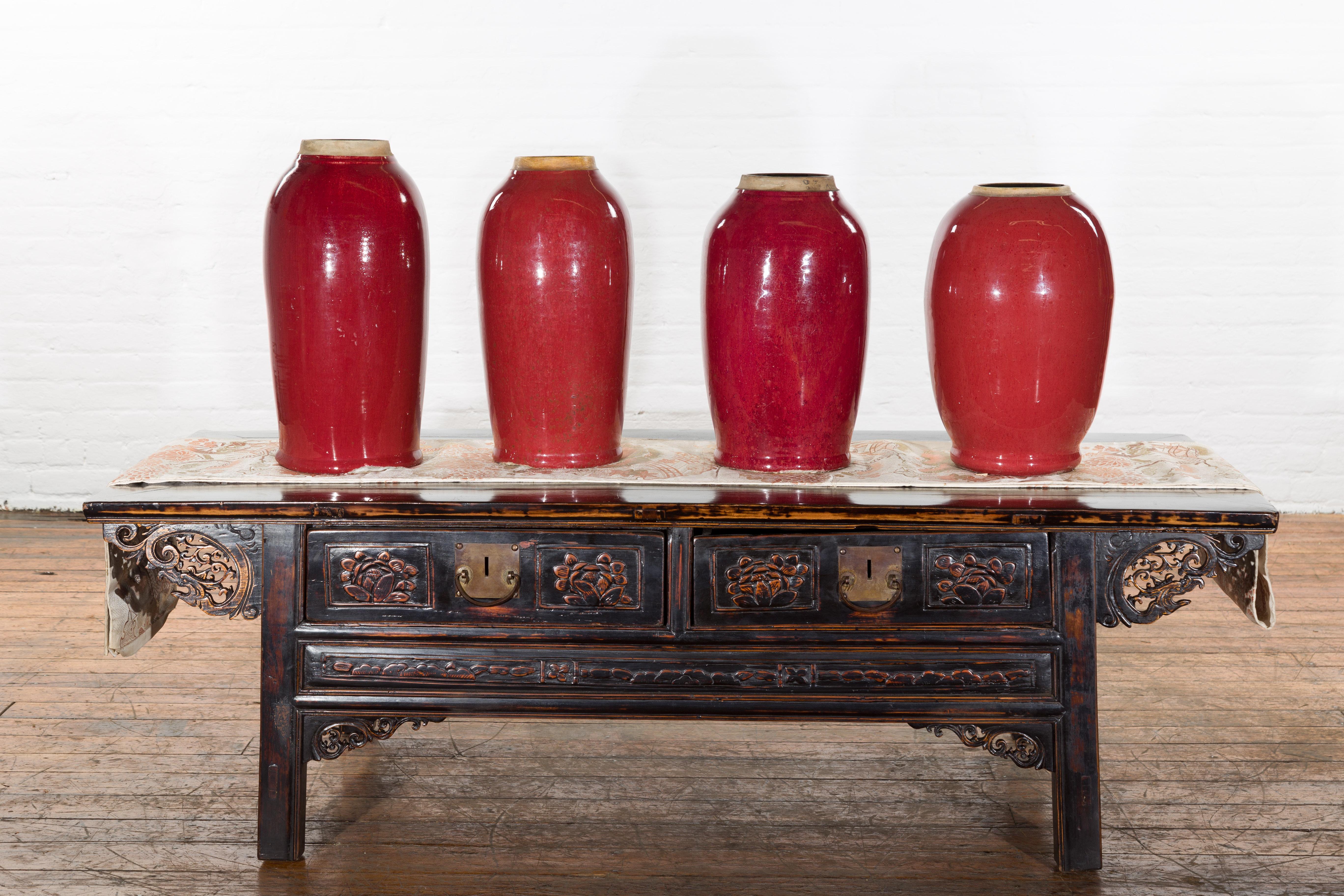 Vintage Oxblood Glazed Chinese Altar Vases with Unglazed Rims, Sold Individually In Good Condition For Sale In Yonkers, NY