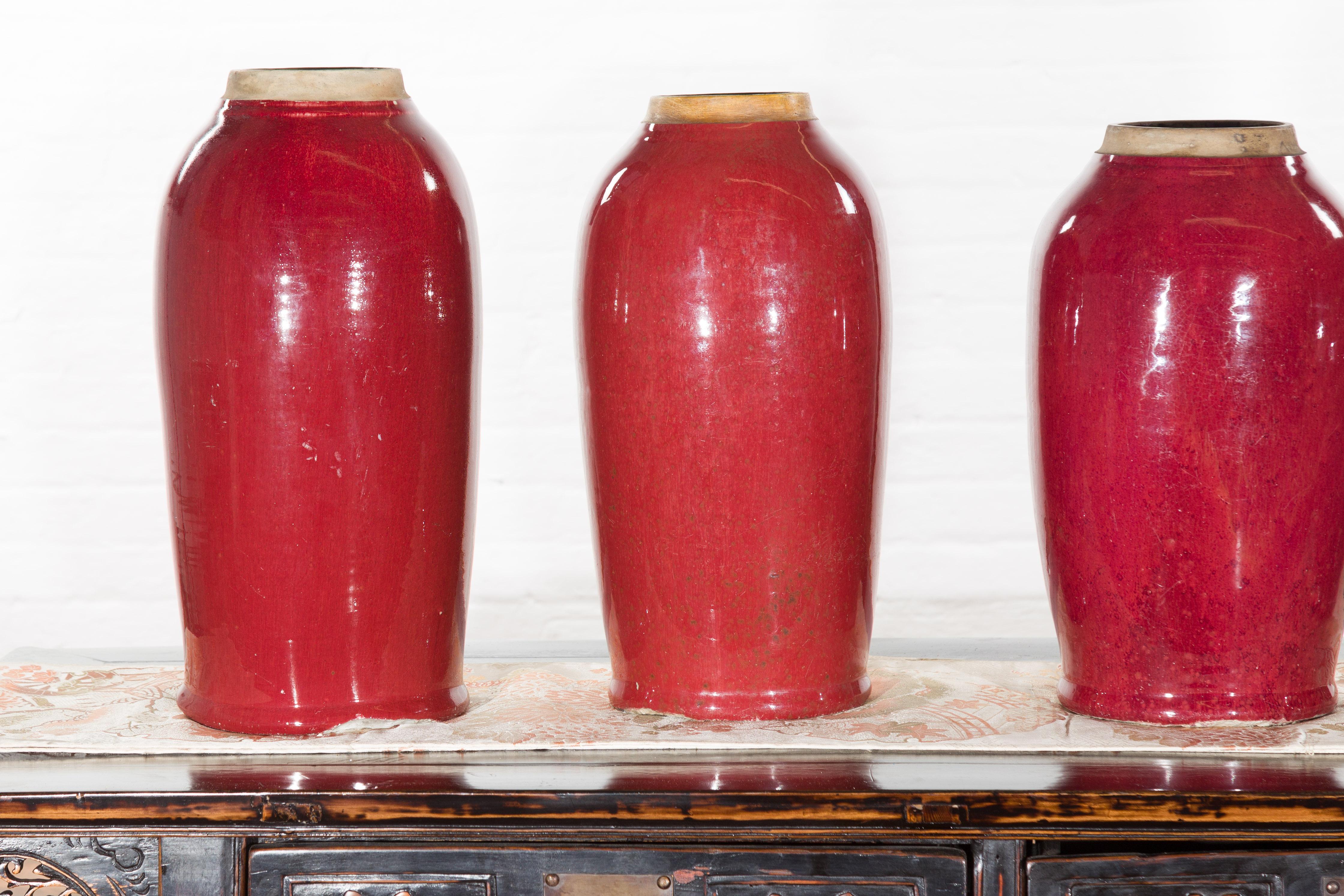 20th Century Vintage Oxblood Glazed Chinese Altar Vases with Unglazed Rims, Sold Individually For Sale