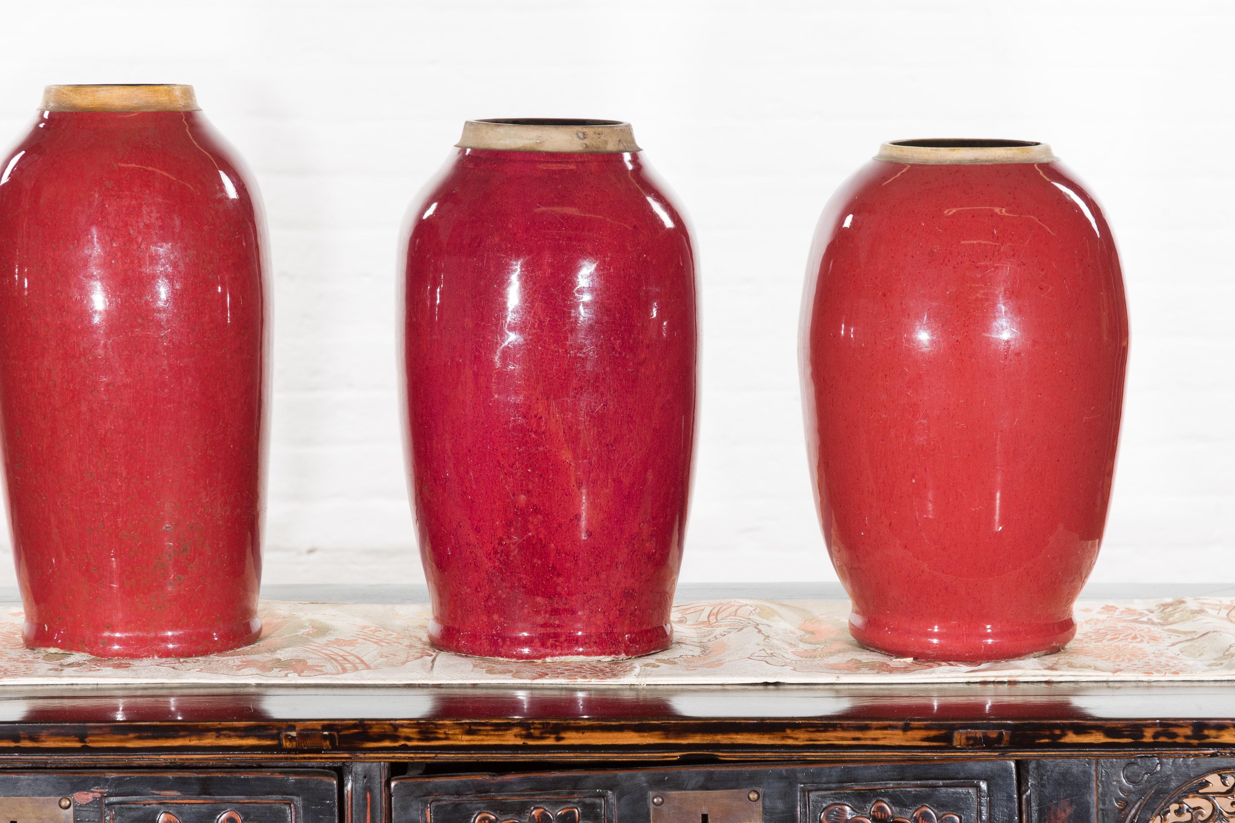 Ceramic Vintage Oxblood Glazed Chinese Altar Vases with Unglazed Rims, Sold Individually For Sale