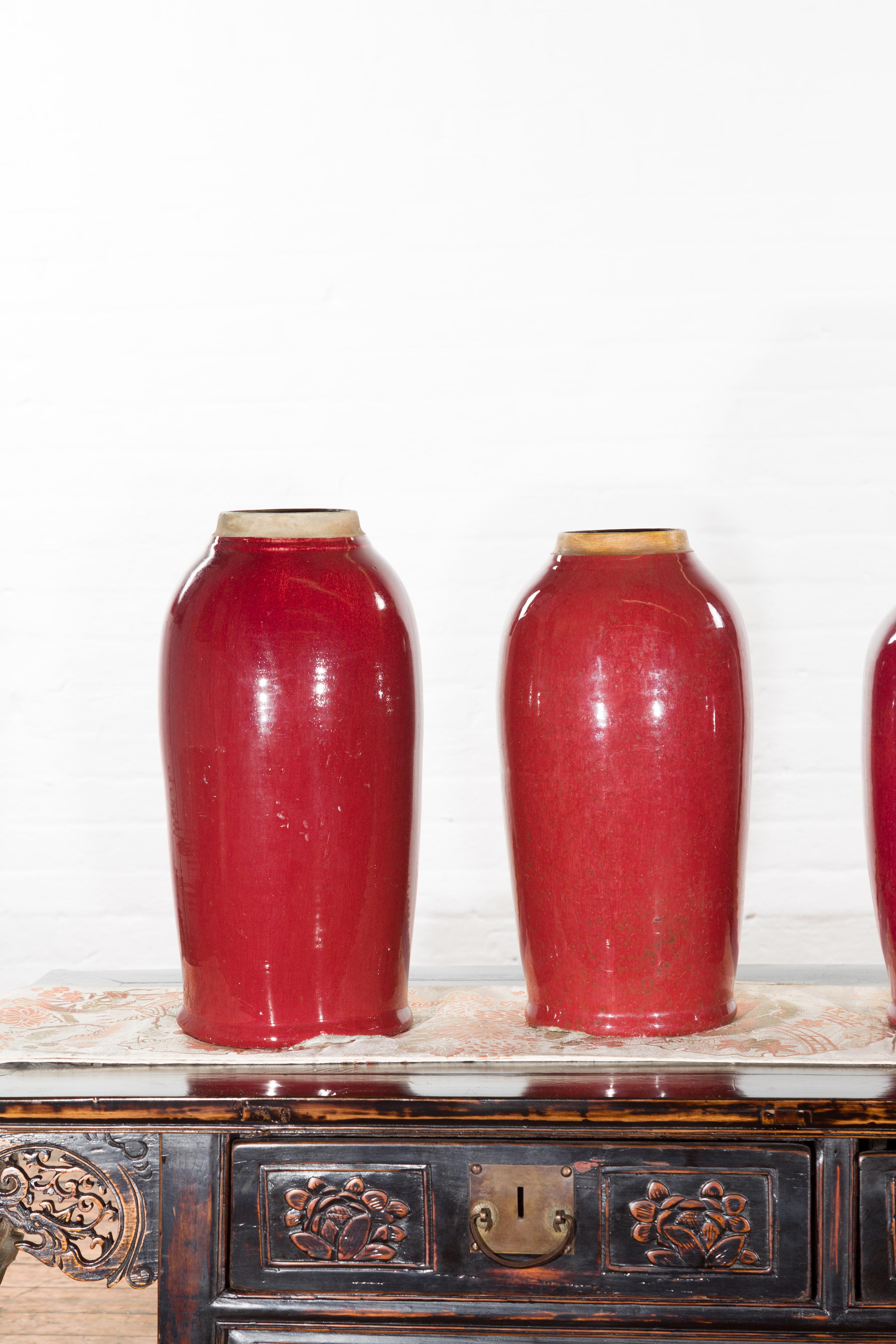 Vintage Oxblood Glazed Chinese Altar Vases with Unglazed Rims, Sold Individually For Sale 1