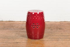 Chinese Vintage Oxblood Glazed Garden Stool with Pierced and Raised Motifs